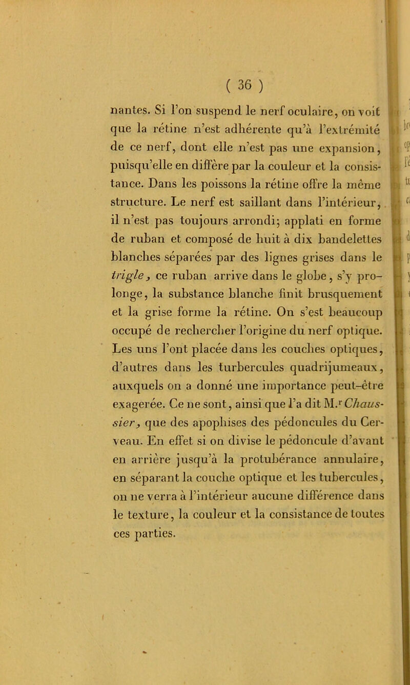 nantes. Si l’on suspend le nerf oculaire, on volt que la rétine n’est adhérente qu’à l’extrémité de ce nerf, dont elle n’est pas une expansion, puisqu’elle en diffère par la couleur et la consis- tance. Dans les poissons la rétine offre la même structure. Le nerf est saillant dans l’intérieur, il n’est pas toujours arrondi; applati en forme de ruban et composé de huit à dix bandelettes blanches séparées par des lignes grises dans le irigleJ ce ruban arrive dans le globe, s’y pro- longe, la substance blanche finit brusquement et la grise forme la rétine. On s’est beaucoup occupé de rechercher l’origine du nerf optique. Les uns l’ont placée dans les couches optiques, d’autres dans les turbercules quadrijumeaux, auxquels on a donné une importance peut-être exagerée. Ce ne sont, ainsi que l’a dit M.* Chaus- sierf que des apophises des pédoncules du Cer- veau. En effet si on divise le pédoncule d’avant en arrière jusqu’à la protubérance annulaire, en séparant la couche optique et les tubercules, on ne verra à l’intérieur aucune différence dans le texture, la couleur et la consistance de toutes ces parties.