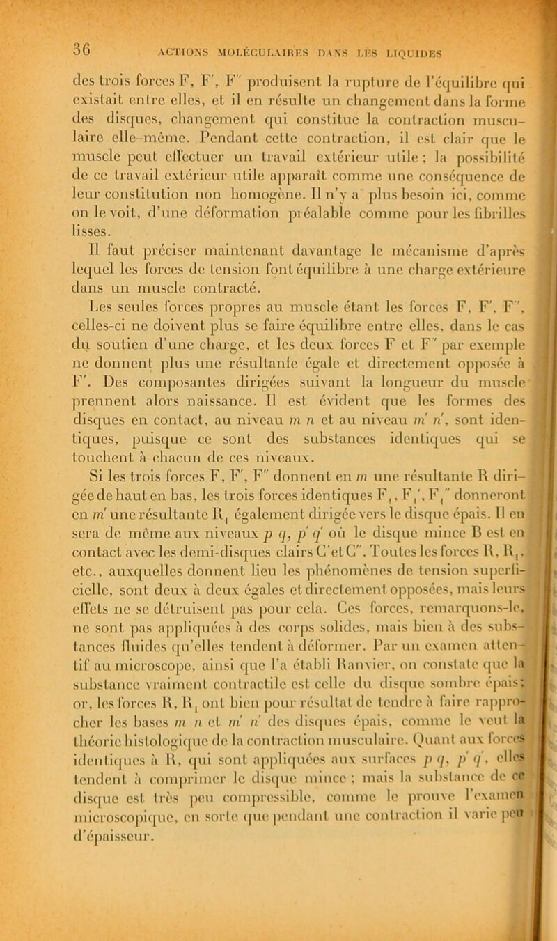 3G des trois forces F, F', F produisent la rupture de l’équilibre (pii existait entre elles, et il en résulte un changement dans la forme des disques, changement qui constitue la contraction muscu- laire elle-même. Pendant cette contraction, il est clair que le muscle peut ellêctucr un travail extérieur utile ; la possibilité de ce travail extérieur utile apparaît comme une conséquence de leur constitution non homogène. Il n’y a plus besoin ici, comme on le voit, d’une déformation préalable comme pour les fibrilles lisses. 11 faut préciser maintenant davantage le mécanisme d’après lequel les forces de tension font équilibre à une charge extérieure dans un muscle contracté. Les seules forces propres au muscle étant les forces F, F', F ”, celles-ci ne doivent plus se faire équilibre entre elles, dans le cas du soutien d’une charge, et les deux forces F cl F ' par exemple ne donnent plus une résultante égale et directement opposée à F'. Des composantes dirigées suivant la longueur du muscle jirennent alors naissance. Il est évident que les formes des disques en contact, au niveau m n et au niveau m n, sont iden- tiques, puisque ce sont des substances identiques qui se louchent à chacun de ces niveaux. Si les trois forces F, F’, F  donnent en m une résultante R diri- géedehaut en bas, les trois forces identiques F,, F,', F, donneront en m'une résultante R, également dirigée vers le disque épais. Il en sera de même aux niveaux p q, p q où le disque mince B est en contact avec les demi-disques clairs C'etC. Toutes les forces R, R,, etc., auxquelles donnent lieu les ]3hénomèncs de tension sujjcrli- ciclle, sont deux à deux égales et directement opposées, mais leurs elfcls ne se détruisent pas pour cela. Ces forces, rcmarquons-le, ne sont pas applicpiées à des corps solides, mais bien à des subs- tances lluides qu’elles tendent à déformer. Parmi examen allcn- lif au microscope, ainsi que l’a établi Ranvier, on constate que la substance vraiment contractile est celle du disque sombre épais; or, les forces R, R, ont bien jiour résultat de tendre à faire rappro- cher les bases m n et ni n des discpics éjiais, comme le veut la théorie bistologiipic de la contraction musculaire. Quant aux forces identiques à R, qui sont appliquées aux surfaces p q, p q'. elles tendent à comprimer le disque mince ; mais la substance de ce disque est très peu compres.sible. comme le prouve rexamen nncrosco[)i(pie, en sorte que pendant une contraction il varie peu d’épaisseur. ü