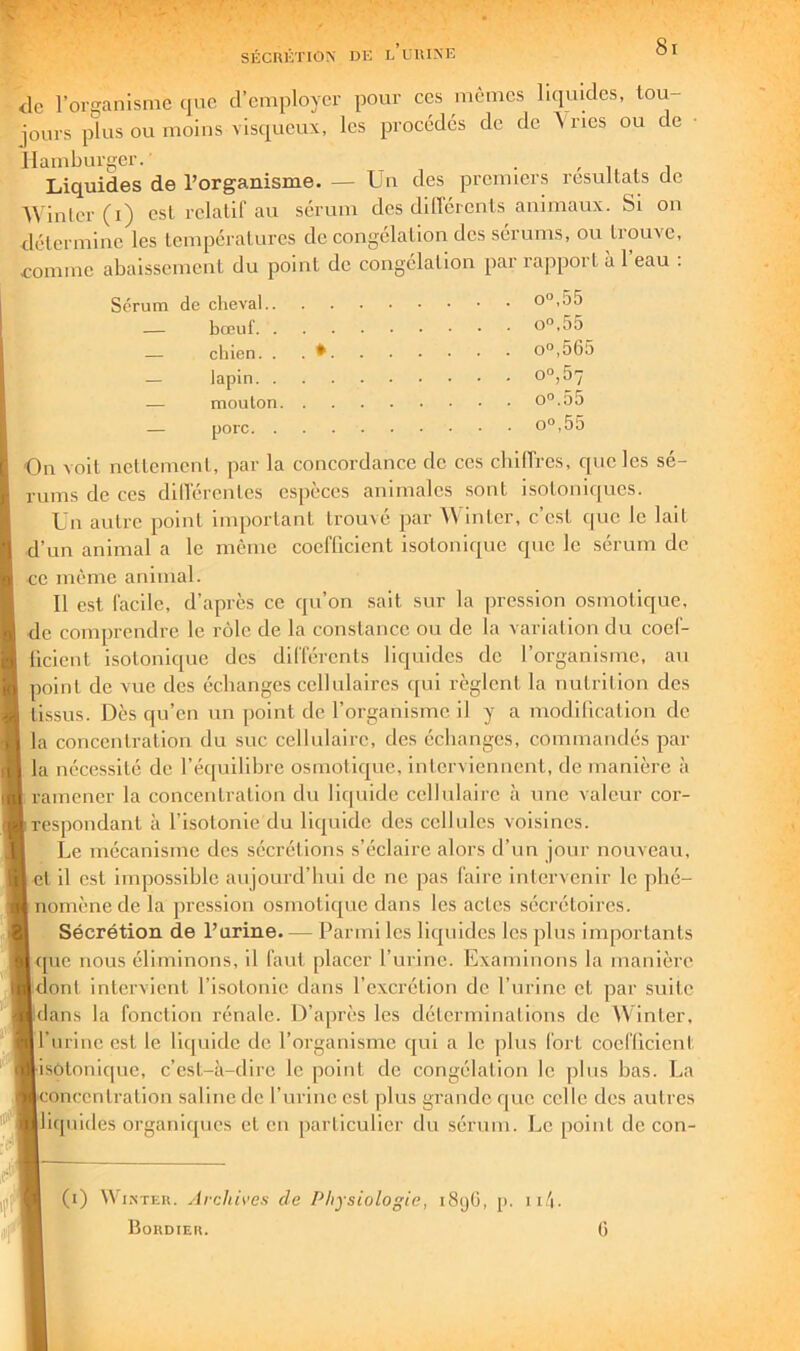 ' SÉCRÉTION DE l/uiUNE <lc l’organisme que d’employer pour ces memes liquides, tou ionrs plus ou moins visqueux, les procédés de de \ries ou de llamburger. , . i . i Liquides de l’organisme. — Un des premiers résultats de Winter (i) est relatif au sérum des dllTérents animaux. Si on détermine les températures décongélation des sérums, ou trouve, comme abaissement du point de congélation par rapport à 1 eau : Sérum de cheval o°,55 — bœuf o^.SS — chien. . . * o“,565 — lapin o°,57 — mouton o“.55 — porc o°,55 On voit nettement, par la concordance de ces cliilTres, que les sé- rums de ces dill'ércntes espèces animales .sont isotoniques. Un autre point important trouvé par AV inter, c’est que le lait d’un animal a le même coefficient isotonique que le sérum de ce même animal. 11 est facile, d’après ce qu’on sait sur la pression osmotique, I de comprendre le rôle de la constance ou de la variation du coef- t ficient isotonique des différents liquides de l’organisme, au J point de vue des échanges cellulaires qui règlent la nutrition des tissus. Dès qu’en un point de l’organisme il y a modification de la concentration du suc cellulaire, des échanges, commandés par la nécessité de l’équilibre osmotique, interviennent, de manière à ramener la concentration du liquide cellulaire à une valeur cor- ^‘iirespondant à fisotonie du liquide des cellules voisines. S' Le mécanisme des sécrétions s’éclaire alors d’un jour nouveau, I' et il est impossible aujourd’hui de ne pas faire intervenir le plié- f ç nomène de la pression osmotique dans les actes sécrétoires. Sécrétion de l’urine.— Parmi les liquides les plus importants I que nous éliminons, il faut placer l’urine. Examinons la manière dont intervient l’isotonie dans l’excrétion de l’urine et par suite dans la fonction rénale. D’après les déterminations de VV inter, l’nrine est le liquide de l’organisme qui a le plus fort coefllcient 1-isôtonique, c’est-à-dire le point de congélation le plus bas. La Iconcentration saline de l’urine est plus grande que, celle des autres |liqnides organiques et en particulier du sérum. Le point de con- (i) tVi.NTER. Archives de Physiologie, i8yü, p. ii.'i. Bordieii. G