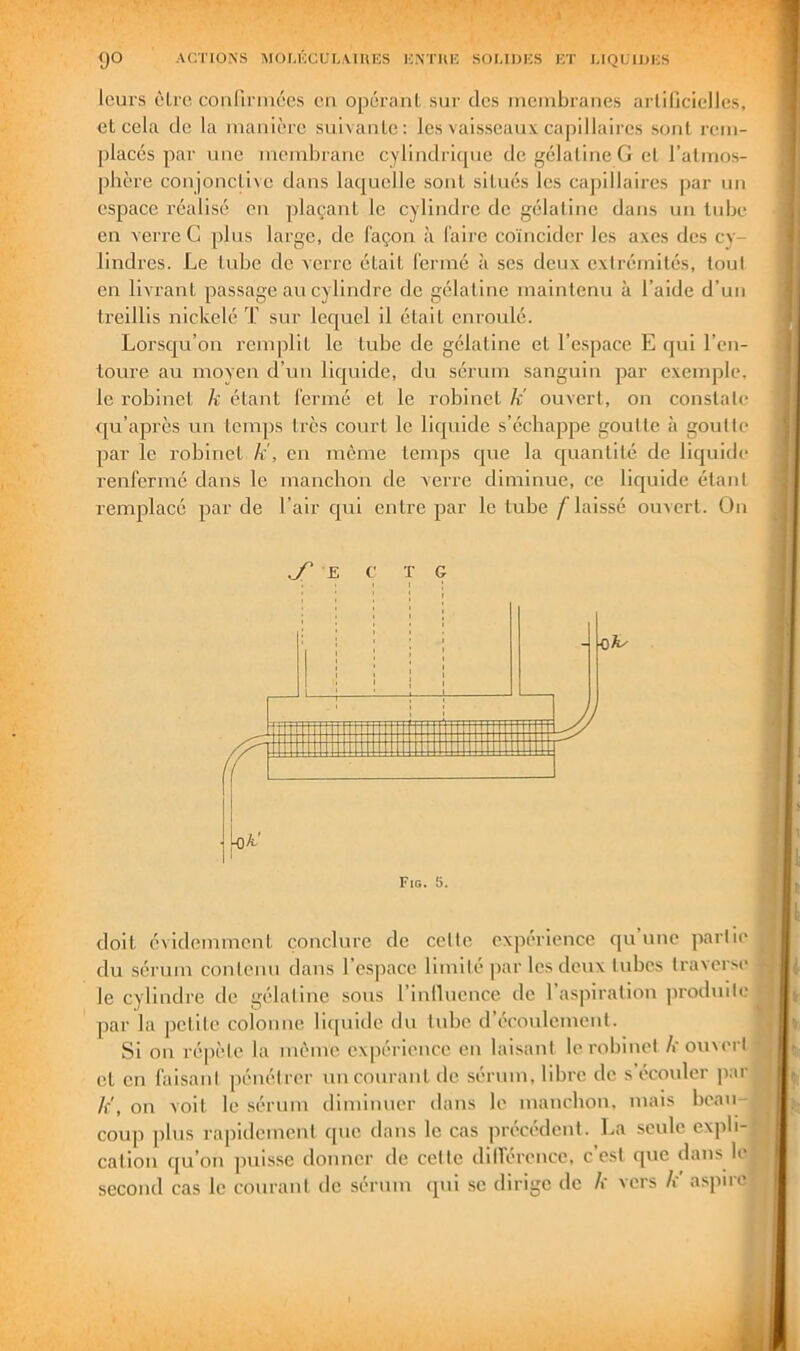 leurs êlre confiriuées en opéranl sur des mcinbraiies arlifjcielles, et cela de la manière suivante: les vaisseaux capillaires sont rem- placés par une membrane cylindrique de gélatine G et l’atmos- phère conjoncli\e dans laquelle sont situés les capillaires par un espace réalisé en plaçant le cylindre de gélatine dans un tube en verre G plus large, de façon à l'aire coïncider les axes des cy- lindres. Le tube de verre était fermé à ses deux extrémités, tout on livrant passage au cylindre de gélatine maintenu à l’aide d’un treillis nickelé T sur lequel il était enroulé. Lorsqu’on remplit le tube de gélatine et l’espace E qui l’en- toure au moyen d’un liquide, du sérum sanguin par exemple, le robinet h étant fermé et le robinet k' ouvert, on constate qu’après un temps très court le liquide s’échappe goutte à goutte par le robinet A', en meme temps que la quantité de liquide renfermé dans le manchon de verre diminue, ce liquide étant remplacé par de l’air qui entre par le tube /'laissé ouvert. On J E C T G doit évidemment conclure de cette expérience qu’une partie du sérum contenu dans l’espace limité par les deux tubes traverse le cylindre de gélatine sous rinlluence de 1 aspiration produite par la petite colonne liquide du tube d’écoulement. Si on répète la même expérience en laisant le robinet A'ouvert et en faisant pénétrer un courant de sérum, libre de s’écoviler ]var k', on voit le sérum diminuer dans le manchon, mais beau-, coup ])lus rapidement que dans le cas précédent. La seule expli- cation qu’on ])uisse donner de cette dillerence, c est que dans le second cas le courant de sérum qui sc dirige de k vers k' aspire