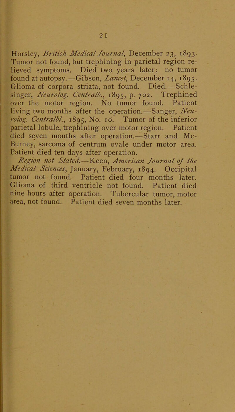 Horsley, British Medical Journal, December 23, 1893. Tumor not found, but trephining in parietal region re- lieved symptoms. Died two years later; no tumor found at autopsy.—Gibson, Lancet, December 14, 1895. Glioma of corpora striata, not found. Died.—Schle- singer. Neurolog. Centralb., 1895, p. 702. Trephined over the motor region. No tumor found. Patient living two months after the operation.—Sanger, Neu- rolog. Cefitralbl., 1895, Tumor of the inferior parietal lobule, trephining over motor region. Patient died seven months after operation.—Starr and Mc- Burney, sarcoma of centrum ovale under motor area. Patient died ten days after operation. Region not Stated.—Keen, American Journal of the Medical Sciences, January, February, 1894. Occipital tumor not found. Patient died four months later. Glioma of third ventricle not found. Patient died nine hours after operation. Tubercular tumor, motor area, not found. Patient died seven months later.