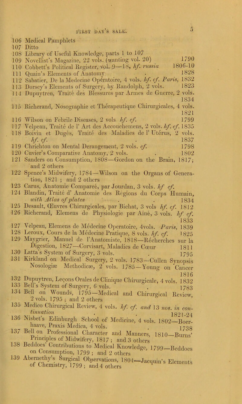 106 Medical Pamphlets 107 Ditto 108 Library of Useful Knowledge, parts 1 to 107 109 Novellist's Magazine, 22 vols. (wanting vol. 20) 1790 110 Cobbett’s Political Register, vol. 9—18, hf. russia 1806-10 111 Quain’s Elements of Anatomy . 1828 112 Sabatier, De laMedecine Op^ratoire, 4 vols. hf. cf. Paris, 1832 113 Dorsey’s Elements of Surgery, by Randolph, 2 vols. 1823 114 Dupuytren, Traite des Blessures par Ai’mes de Guerre, 2 vols. 1834 115 Richerand, Nosographie et Therapeutique Chirurgicales, 4 vols. 1821 116 Wilson on Febrile Diseases, 2 vols. hf. cf. 1799 117 Velpean, Traite de 1’ Art des Accouchemeus, 2 vols. hf. cf. 1835 118 Boivin et Duges, Traite des Maladies de P Uterus, 2 vols. hf. cf. . 1837 119 Chrichton on Mental Derangement, 2 vols. cf. 1798 120 Cuvier’s Comparative Anatomy, 2 vols. . 1802 121 Sanders on Consumption, 1808—Gordon on the Brain, 1817; and 2 others 122 Spence’s Midwifery, 1784—Wilson on the Organs of Genera- tion, 1821 ; and 2 others 123 Carus, Anatomie Comparee, par Jourdan, 3 vols. hf cf. 124 Blandin, Traite d’ Anatomie des Regions du Corps Humain, with Atlas of j)lates . . 1834 125 Desault, CEuvres Chirurgicales, par Bichat, 3 vols hf cf. 1812 126 Richerand, Elemens de Pliysiologie par Aine, 3 vols. hf cf. 1833 1809 1825 130 131 127 Velpeau, Elemens de Medecine Operatoire, 4vols. Paris 128 Leroux, Cours de la Medecine Pratique, 8 vols. hf. cf. < ozo 129 Maygrier, Manuel de l’Anatomiste, 1818—Recherches sur la Digestion, 1827—Corvisart, Maladies de Cceur 1811 Latta’s System of Surgery, 3 vols. . 1795 Kirkland on Medical Surgery, 2 vols. 1783-Cullen Synopsis Nosologise Methodic*, 2 vols. 1785—Young on Cancer 132 Dupuytren, LeQons Orales de Clinique Chirurgicale, 4 vols. 1832 133 Bell’s System of Surgery, 6 vols. . 1783 134 Bell on Wounds, 1795—Medical and Cliirurgical Review 2 vols. 1795 ; and 2 others 135 Medico Chirurgical Review, 4 vols. hf. cf. and 13 nos. in con- tinuation , _ iso] 24 Nisbet s Edinburgh School of Medicine, 4 vols. 1802 Boer- haave, Praxis Mediea, 4 vols. . ^ 738 137 Bell on Professional Character and Manners, 1810—Burns’ Principles of Midwifery, 1817; and 3 others Beddoes Contributions to Medical Knowledge, 17Of) Bcddoes on Consumption, 1799 ; and 2 others Abernethy’s Surgical Observations, 1804—Jacquin’s Elements of Chemistry, 1799; and 4 others 136 138 139