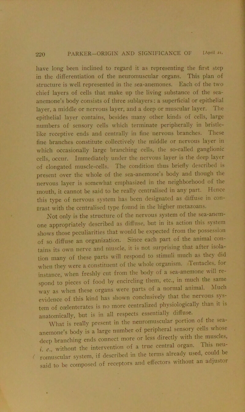have long been inclined to regard it as representing the first step in the differentiation of the neuromuscular organs. This plan of structure is well represented in the sea-anemones. Each of the two chief layers of cells that make up the living substance of the sea- anemone’s body consists of three sublayers: a superficial or epithelial layer, a middle or nervous layer, and a deep or muscular layer. The epithelial layer contains, besides many other kinds of cells, large numbers of sensory cells which terminate peripherally in bristle- like receptive ends and centrally in fine nervous branches. Ihese fine branches constitute collectively the middle or nervous layer in which occasionally large branching cells, the so-called ganglionic cells, occur. Immediately under the nervous layer is the deep layer of elongated muscle-cells. The condition thus briefly described is present over the whole of the sea-anemone’s body and though the nervous layer is somewhat emphasized in the neighborhood of the mouth, it cannot be said to be really centralised in any part. Hence this type of nervous system has been designated as diffuse in con- trast with the centralised type found in the higher metazoans. Not only is the structure of the nervous system of the sea-anem- one appropriately described as diffuse, but in its action this system shows those peculiarities that would be expected from the possession of so diffuse an organization. Since each part of the animal con- tains its own nerve and muscle, it is not surprising that after isola- tion many of these parts will respond to stimuli much as they did when they were a constituent of the whole organism. Tentacles, for instance, when freshly cut from the body of a sea-anemone will re- spond to pieces of food by encircling them, etc., in much the same way as when these organs were parts of a normal animal. Much evidence of this kind has shown conclusively that the nervous sys- tem of coelenterates is no more centralized physiologically than it is anatomically, but is in all respects essentially diffuse. What is really present in the neuromuscular portion of the sea- anemone's bodv is a large number of peripheral sensory cells whose deep branching ends connect more or less directly with the muscles, ,* <• Without the intervention of a true central organ. This neu- ( romuscular system, if described in the terms already used, could be said to be composed of receptors and effectors without an adjustor