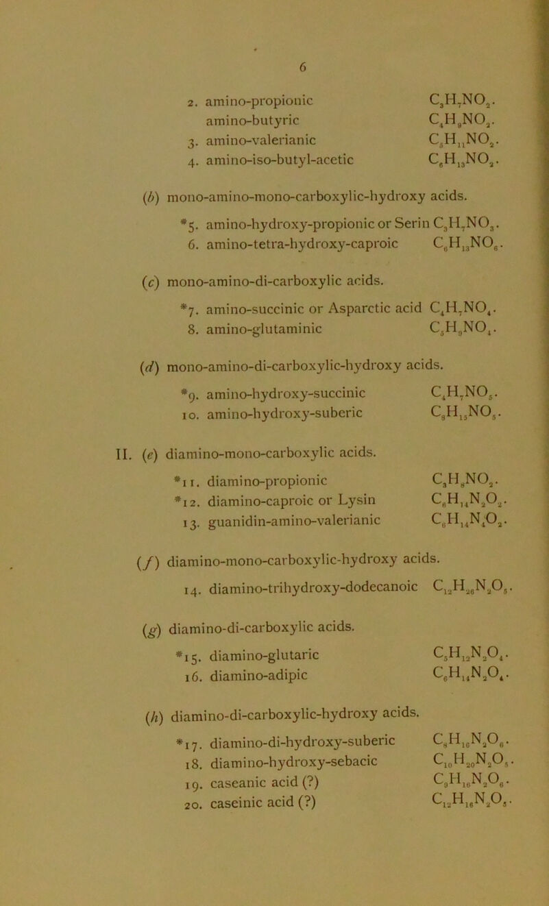 2. amino-propionic CjH^NOj. amino-butyric CJ^gNOj. 3. amino-valerianic C,HjjNOg. 4. amino-iso-butyl-acetic CjHjjNO,. (/>) mono-amino-mono-carboxylic-hydroxy acids. *5, amino-hydroxy-propionic or Serin CjII^NO,. 6. amino-tetra-hydroxy-caproic CjHjgNO,. (c) mono-amino-di-carboxylic acids. *7. amino-succinic or Asparctic acid CJd,NO,. 8. amino-glutaminic CjHgNOj. {(f) mono-amino-di-carboxylic-hydroxy acids. ♦9. amino-hydroxy-succinic QH^NOj. 10. amino-hydroxy-suberic CgHj,NO,. II. (e) diamino-mono-carboxylic acids. *11. diamino-propionic CjH^NO,. *12. diamino-caproic or Lysin CgH,^NgOg. 13. guanidin-amino-valerianic CgII,^N^Og. {/) diamino-mono-carboxylic-hydroxy acids. 14. diamino-trihydroxy-dodecanoic C.HggNgO, (g) diamino-di-carboxylic acids. *15. diamino-glutaric C,H.NA. 16. diamino-adipic {/t) diamino-di-carboxylic-hydroxy acids. •17. diamino-di-hydroxy-suberic C,H,gNgOg. 18, diamino-hydroxy-sebacic C.oHggNgO, 19. caseanic acid (?) C.H.NgOg. 20. caseinic acid (?)