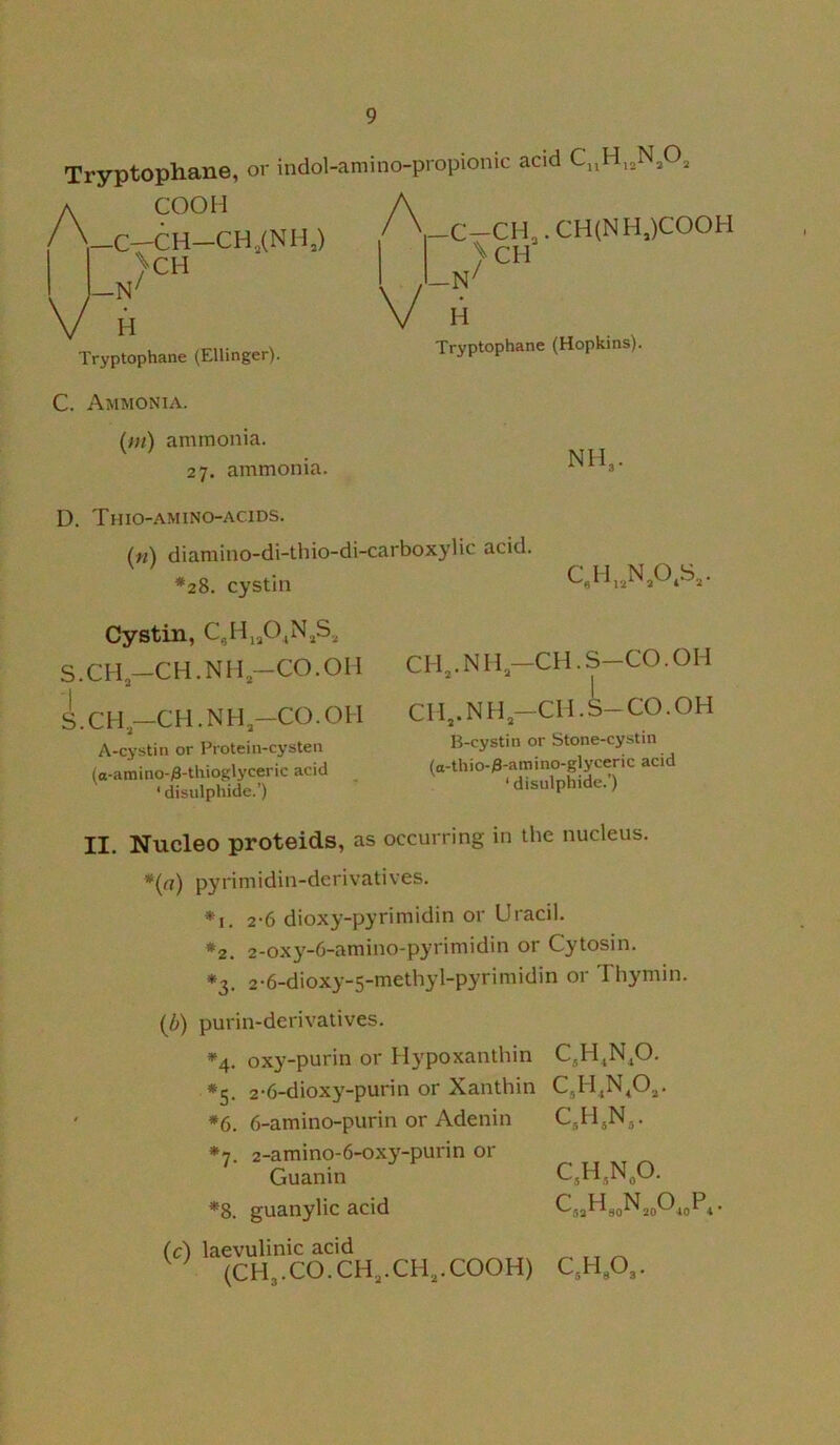 Tryptophane, or indol-amino-propionic acid COOH v_C-CH-CH,(NHJ >CH j-N^ Tryptophane (Ellinger). A V —C—CH,. CH(NHJCOOH >CH -N^ H Tryptophane (Hopkins). C. Ammonia. (w) ammonia. 27. ammonia. NH,. D. Thio-amino-acids. («) diamino-di-tliio-di-carboxylic acid. *28. cystin Cystin, CgH,aO,N,S., S.CH-CH.NIl-CO.OII ^.CH-CH.NH,-CO.OH A-cystin or Frotein-cysten (o-amino-/3-thioglyceric acid _ ‘disulphide.’) CH,.NII-CH.S-CO.OH CH,.NH-CH.^-CO.OH B-cystin or Stone-cystin (o-thio-/3-amino-glyceric acid ‘ disulphide.’) II. Nucleo proteids, as occurring in the nucleus. *(rt) pyrimidin-derivatives. *1. 2-6 dioxy-pyrimidin or Uracil. *2. 2-oxy-6-amino-pyrimidin or Cytosin. *3. 2-6-dioxy-5-methyl-pyrimidin or Thymin. (6) purin-derivalives. *4. oxy-purin or Hypoxantliin *5. 2-6-dioxy-purin or Xanthin *6. 6-amino-purin or Adenin *7. 2-amino-6-oxy-purin or Guanin *8. guanylic acid (c) laevulinic acid ^ ^ (CH3.C0.CH,.CH,.C00H) C,H,N,0. C,H.NA- QHsN,. C,H,N„0. QHA-