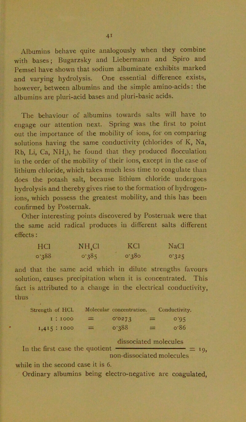 Albumins behave quite analogously when they combine with bases; Bugarzsky and Liebermann and Spiro and Pemsel have shown that sodium albuminate exhibits marked and varying hydrolysis. One essential difference exists, however, between albumins and the simple amino-acids: the albumins are pluri-acid bases and pluri-basic acids. The behaviour of albumins towards salts will have to engage our attention next. Spring was the first to point out the importance of the mobility of ions, for on comparing solutions having the same conductivity (chlorides of K, Na, Rb, Li, Ca, NHj), he found that they produced flocculation in the order of the mobility of their ions, except in the case of lithium chloride, which takes much less time to coagulate than does the potash salt, because lithium chloride undergoes hydrolysis and thereby gives rise to the formation of hydrogen- ions, which possess the greatest mobility, and this has been confirmed by Posternak. Other interesting points discovered by Posternak were that the same acid radical produces in different salts different effects; HCl NH,C1 KCl NaCl 0-388 0-385 0-380 0-325 and that the same acid which in dilute strengths favours solution, causes precipitation when it is concentrated. This fact is attributed to a change in the electrical conductivity, thus $ Strength of HCl. Molecular concentration. Conductivity. I : 1000 = 0-0273 = o'95 1,415 : 1000 = 0-388 = 0-86 dissociated molecules In the first case the quotient = 19, non-dissociated molecules while in the second case it is 6. Ordinary albumins being electro-negative are coagulated.