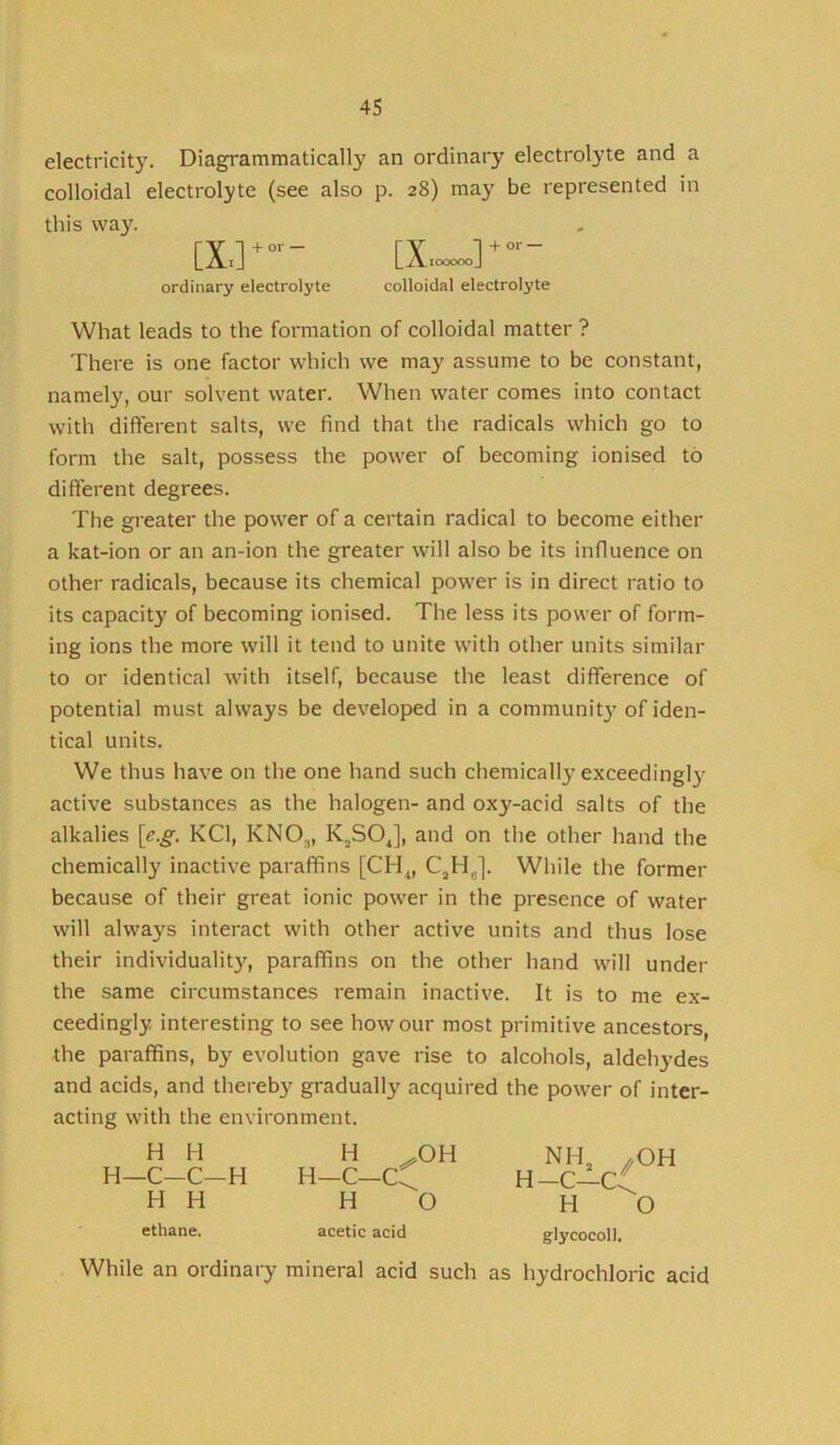 electricity. Diagrammatically an ordinary electrolyte and a colloidal electrolyte (see also p. 28) may be represented in this wa}'. [X.]*- ordinary electrolyte colloidal electrolyte What leads to the formation of colloidal matter ? There is one factor which we may assume to be constant, namely, our solvent water. When water comes into contact with difterent salts, we find that the radicals which go to form the salt, possess the power of becoming ionised to different degrees. The greater the power of a certain radical to become either a kat-ion or an an-ion the greater will also be its influence on other radicals, because its chemical power is in direct ratio to its capacity of becoming ionised. The less its power of form- ing ions the more will it tend to unite with other units similar to or identical with itself, because the least difference of potential must always be developed in a communit}' of iden- tical units. We thus have on the one hand such chemically exceedingly active substances as the halogen- and oxy-acid salts of the alkalies \e.g. KCl, KNO^, K^SOJ, and on the other hand the chemically inactive paraffins [CH^, C^HJ. While the former because of their great ionic power in the presence of water will always interact with other active units and thus lose their individuality, paraffins on the other hand will under the same circumstances remain inactive. It is to me ex- ceedingly interesting to see how our most primitive ancestors, the paraffins, by evolution gave rise to alcohols, aldehydes and acids, and thereby gradually acquired the power of inter- acting with the environment. H H H—C-C-H H H ethane. H H—C—C H OH O acetic acid nh, H-C—C H glycocol). While an ordinary mineral acid such as hydrochloric acid