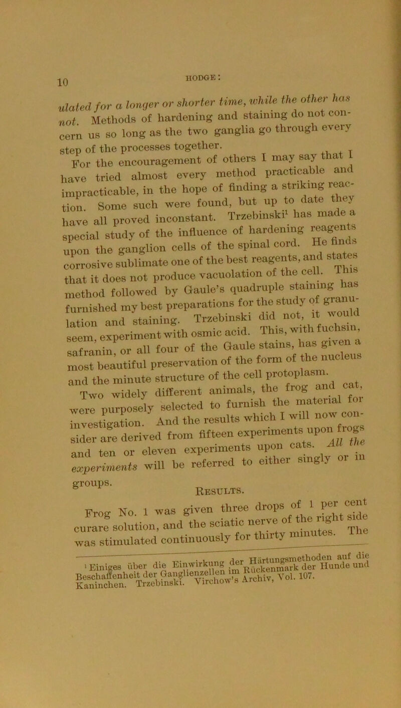 ulatedfor a longer or shorter time, while the othei ha not. Methods of hardening and staining do not con- cern us so long as the two ganglia go through every step of the processes together. For the encouragement of others I may say that L have tried almost every method practicable am impracticable, in the hope of finding a striking reac- tion Some such were found, but up to date they have all proved inconstant. Trzebinskd has made a special study of the influence of harclenmg reagent, upon the ganglion cells of the spinal cord. He finds corrosive sublimate one of the best reagents, and statcB that it does not produce vacuolation of the cell. This Ithod followed by Gaule’s quadruple etauuug has furnished my best preparations for ^ j lation and staining. Trzebinski did not, it would seem experiment with osmic acid. This, with fuchsin, :ran:nfor all four of the most beautiful preservation of the form of the nucleus and the minute structure of the ^ Two widely different animals, the frog an , were purposely selected to furnish the -at-al or investigation. And the results which I “ sider are derived from fifteen , and ten or eleven experiments upon cats. Ali m experiments will be referred to either sing y groups. ^ Results. Frog No. 1 was given three drops of 1 P« curare solution, and the sciatic nerve was stimulated continuously for thii y '
