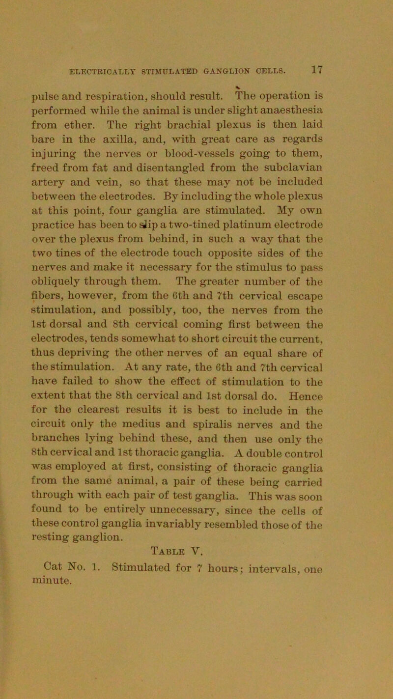 pulse and respiration, should result. The operation is performed while the animal is under slight anaesthesia from ether. The right brachial plexus is then laid bare in the axilla, and, with great care as regards injuring the nerves or blood-vessels going to them, freed from fat and disentangled from the subclavian artery and vein, so that these may not be included between the electrodes. By including the whole plexus at this point, four ganglia ai*e stimulated. My own practice has been to dip a two-tined platinum electrode over the plexus from behind, in such a way that the two tines of the electrode touch opposite sides of the nerves and make it necessary for the stimulus to pass obliquely through them. The greater number of the fibers, however, from the Gth and 7th cervical escape stimulation, and possibly, too, the nerves from the 1st dorsal and 8th cervical coming first between the electrodes, tends somewhat to short circuit the current, thus depriving the other nerves of an equal share of the stimulation. At any rate, the 6th and 7th cervical have failed to show the effect of stimulation to the extent that the 8th cervical and 1st dorsal do. Hence for the clearest results it is best to include in the circuit only the medius and spiralis nerves and the branches lying behind these, and then use only the 8th cervical and 1 st thoracic ganglia. A double control was employed at first, consisting of thoracic ganglia from the same animal, a pair of these being carried through with each pair of test ganglia. This was soon found to be entirely unnecessary^ since the cells of these control ganglia invariably resembled those of the resting ganglion. Table V. Cat No. 1. Stimulated for 7 hours; intervals, one minute.