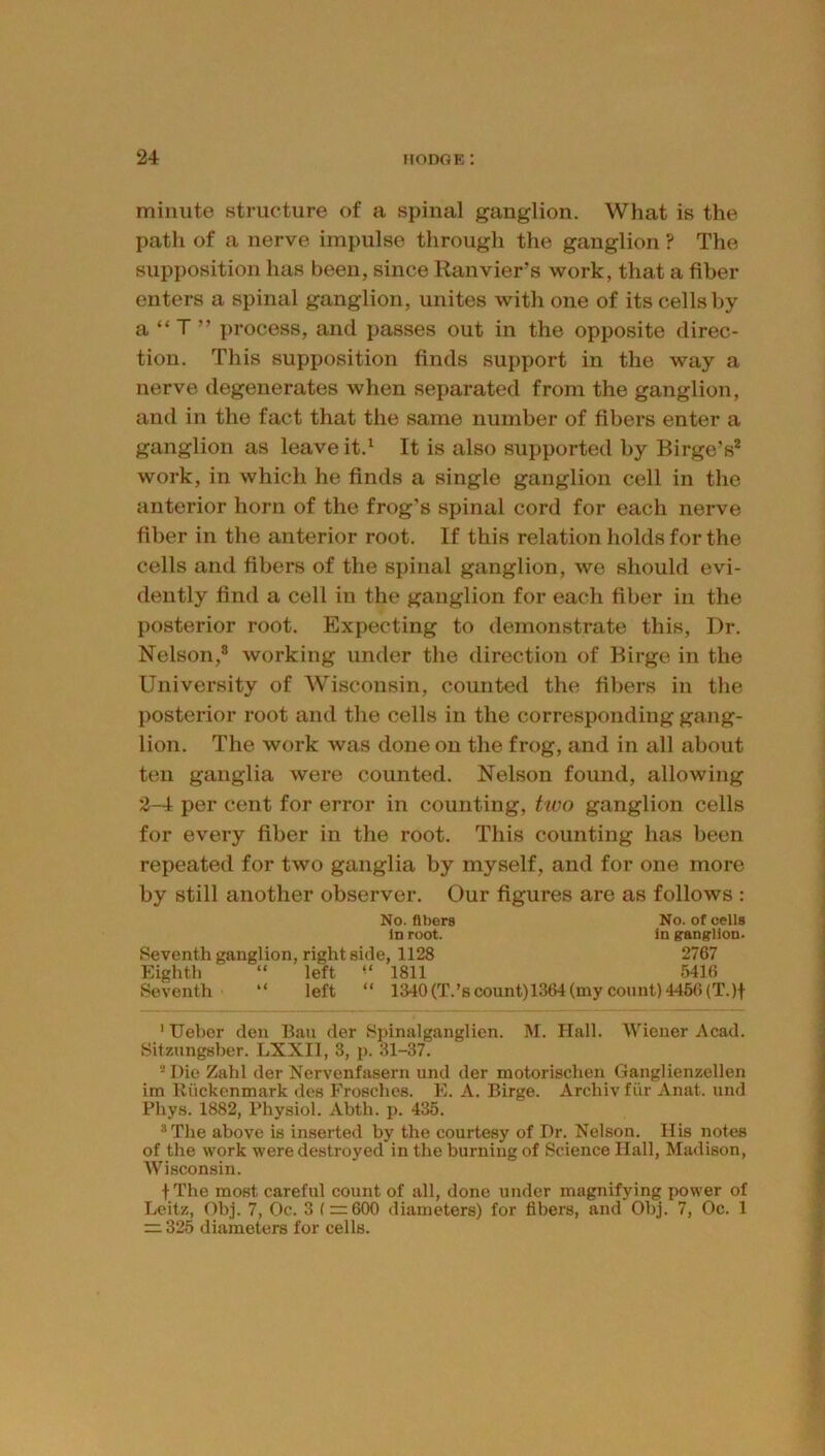 minute structure of a spinal ganglion. What is the path of a nerve impulse through the ganglion ? The supposition has been, since Ranvier’s work, that a fiber enters a spinal ganglion, unites with one of its cells by a “ T ” process, and passes out in the opposite direc- tion. This supposition finds support in the way a nerve degenerates when separated from the ganglion, and in the fact that the same number of fibers enter a ganglion as leave it.^ It is also supported by Birge’s* work, in which he finds a single ganglion cell in the anterior horn of the frog’s spinal cord for each nerve fiber in the anterior root. If this relation holds for the cells and fibers of the spinal ganglion, we should evi- dently find a cell in the ganglion for each fiber in the posterior root. Expecting to demonstrate this. Dr. Nelson,® working under the direction of Birge in the University of Wisconsin, counted the fibers in the posterior root and the cells in the corresponding gang- lion. The work was done on the frog, and in all about ten ganglia were counted. Nelson found, allowing 2-4 per cent for error in counting, him ganglion cells for every fiber in the root. This counting has been repeated for two ganglia by myself, and for one more by still another observer. Our figures are as follows : No. fibers No. of cells la root. in gang'lion. Seventh ganglion, right si<le, 1128 2767 Eighth “ left 1811 5416 Seventh “ left “ 1340 (T.’BCOunt)1364 (my count) 4456 (T.)f ' TJeher den Bau der Spinalganglien. M. Hall. Wiener Acad. Sitzungsber. LXXII, 3, p. 31-37. ^ Die Zahl der Nervenfasern und der motorischen Ganglienzellen im Kiickenmark des Frosches. E. A. Birge. Archiv fiir Anat. und Phy.s. 1882, Physiol. Abth. p. 435. * The above is inserted by the courtesy of Dr. Nelson. His notes of the work were destroyed in the burning of Science Hall, Madison, Wisconsin. fThe most careful count of all, done under magnifying power of Leitz, Obj. 7, Oc. 3 ( = 600 diameters) for fibers, and Obj. 7, Oc. 1 =1325 diameters for cells.