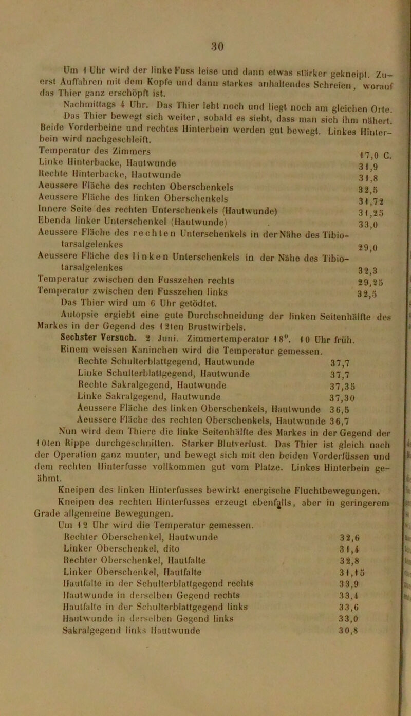 Um 1 Uhr wird der linke Kuss leise und dann etwas stärker gekneipt. Zu- erst Auffahren mit dem Kopfe und dann starkes anhaltendes Schreien, worauf das Thier ganz erschöpft ist. Nachmittags 4 Uhr. Das Thier lebt noch und liegt noch am gleichen Orte. Das Thier bewegt sich weiter, sobald es sieht, dass man sich ihm nähert. Beide Vorderbeine und rechtes Hinterbein werden gut bewegt. Linkes Hinter- bein wird nachgeschleift. Temperatur des Zimmers Linke Hinterbacke, Hautwunde Beeilte Hinterbacke, Hautwunde Aeussere Fläche des rechten Oberschenkels Aeussere Fläche des linken Oberschenkels Innere Seite des rechten Unterschenkels (Hautwunde) Ebenda linker Unterschenkel (Hautwunde) Aeussere Fläche des rechten Unterschenkels in der Nähe des Tibio- tarsalgelenkes Aeussere Fläche des linken Unterschenkels in der Nähe des Tibio- tarsalgelenkes Temperatur zwischen den Fusszehen rechts Temperatur zwischen den Fusszehen links Das Thier wird um C Uhr getödtet. Autopsie ergiebt eine gute Durchschneidung der linken Seitenhälfte des Markes in der Gegend des I 2teil Brustwirbels. Sechster Versnch. 2 Juni. Zimmertemperatur 18u. to Uhr früh. Einem weissen Kaninchen wird die Temperatur gemessen. Hechte Schulterblattgegend, Hautwunde 37,7 Linke Schulterblattgegend, Hautwunde 37,7 Rechte Sakralgegend, Hautwunde 37,35 Linke Sakralgegend, Hautwunde 37,30 Aeussere Fläche des linken Oberschenkels, Hautwunde 36,5 Aeussere Fläche des rechten Oberschenkels, Hautwunde 3 6,7 Nun wird dem Thiere die linke Seitenhälfte des Markes in der Gegend der toten Rippe durchgeschnilten. Starker Blutverlust. Das Thier ist gleich nach der Operation ganz munter, und bewegt sich mit den beiden Vorderfüssen und dem rechten Ilinlerfusse vollkommen gut vom Platze. Linkes Hinterbein ge- ahmt. Kneipen des linken Ilinlerfusses bewirkt energische Fluchtbew-egungen. Kneipen des rechten Ilinlerfusses erzeugt ebenfalls, aber in geringerem Grade allgemeine Bewegungen. Um 12 Uhr wird die Temperatur gemessen. Rechter Oberschenkel, Hautwunde 3 2,6 Linker Oberschenkel, dito 3 1,4 Rechter Oberschenkel, llaulfalte 32,8 Linker Oberschenkel, Hautfalte 31,15 Hautfalte in der Schulterblattgegend rechts 33,9 Hautwunde in derselben Gegend rechts 33,4 Hautfalte in der Schulterblatfgegend links 33,6 Hautwunde in derselben Gegend links 33,0 Sakralgegend links Hautwunde 3 0,8 17.0 C. 31,9 31,8 32,5 31,72 31.25 33.0 29.0 32,3 29.25 32,5