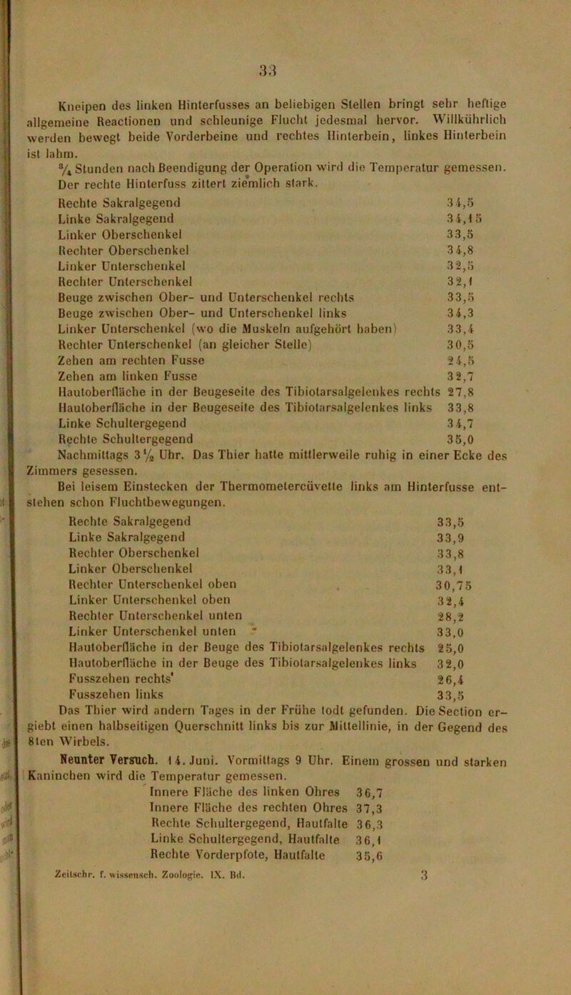i i* A A A t. Kneipen des linken Hinterfusses an beliebigen Stellen bringt sehr heftige allgemeine Reactionen und schleunige Flucht jedesmal hervor. Willkührlich werden bewegt beide Vorderbeine und rechtes Hinterbein, linkes Hinterbein ist lahm. % Stunden nach Beendigung der Operation wird die Temperatur gemessen. * ' ^ Der rechte Hinterfuss zittert ziemlich stark. Rechte Sakralgegend 34,5 Linke Sakralgegend 34,15 Linker Oberschenkel 33,5 Rechter Oberschenkel 3 4,8 Linker Unterschenkel 32,5 Rechter Unterschenkel 32,1 Beuge zwischen Ober- und Unterschenkel rechts 33,5 Beuge zwischen Ober- und Unterschenkel links 34,3 Linker Unterschenkel (wo die Muskeln aufgehört haben) 33,4 Rechter Unterschenkel (an gleicher Stelle) 30,5 Zehen am rechten Fusse 2 4,5 Zehen am linken Fusse 3 2,7 Hautoberfläche in der Beugeseite des Tibiotarsalgeienkes rechts 27,8 Hautoberfläche in der Beugeseite des Tibiotarsalgeienkes links 33,8 Linke Schultergegend 34,7 Rechte Schultergegend 3 5,0 Nachmittags 3 % Uhr. Das Thier hatte mittlerweile ruhig in einer Ecke des Zimmers gesessen. Bei leisem Einstecken der Thermometercüvette links am Hinterfusse ent- stehen schon Fluchtbewegungen. Rechte Sakralgegend 33,5 Linke Sakralgegend 33,9 Rechter Oberschenkel 33,8 Linker Oberschenkel 33,1 Rechter Unterschenkel oben 30,75 Linker Unterschenkel oben 3 2,4 Rechter Unterschenkel unten 28,2 Linker Unterschenkel unten * 33,0 Hauloberfläche in der Beuge des Tibiotarsalgeienkes rechts 2 5,0 Hautoberfläche in der Beuge des Tibiotarsalgeienkes links 32,0 Fusszehen rechts' 26,4 Fusszehen links 33,5 Das Thier wird andern Tages in der Frühe todt gefunden. DieSection er- giebt einen halbseitigen Querschnitt links bis zur Mittellinie, in der Gegend des 8ten Wirbels. Neunter Versuch. 14. Juni. Vormittags 9 Uhr. Einem grossen und starken Kaninchen wird die Temperatur gemessen. Innere Fläche des linken Ohres 36,7 Innere Fläche des rechten Ohres 37,3 Rechte Schultergegend, Hautfalle 3 6,3 Linke Schultergegend, Hautfalte 36,1 Rechte Vorderpfote, Hautfalte 3 5,6