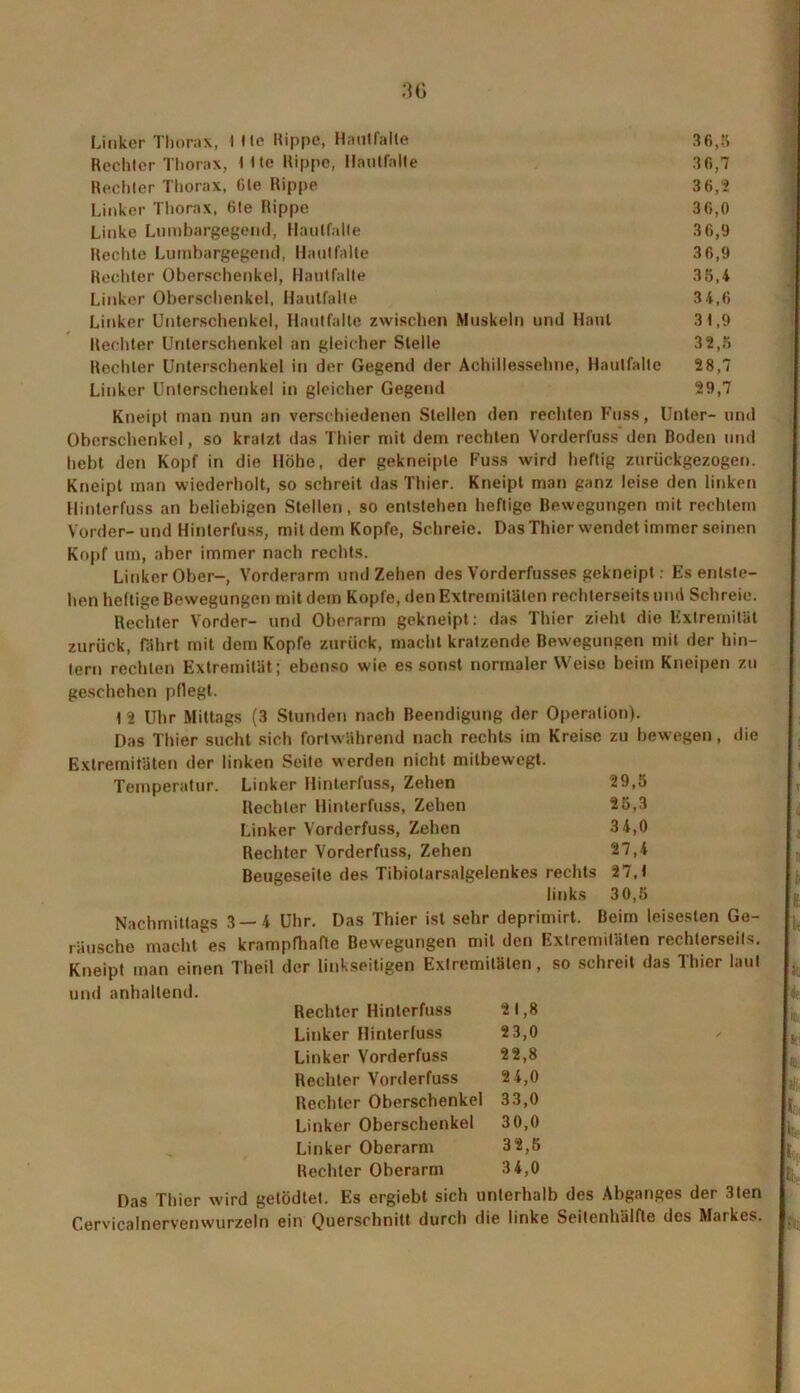 :u> Linker Thorax, I Me Hippe, Hanlfalle 36,5 Rechter Thorax, llte Rippe, Hantfnlle 36,7 Rechter Thorax, 6te Rippe 3 6,2 Linker Thorax, 6!e Rippe 3 6,0 Linke Lurabargegend, llautfalle 36,9 Rechte Lumbargegend, Haulfalle 3 6,9 Rechter Oberschenkel, Hautfalte 35,4 Linker Oberschenkel, Haulfalle 3 4,6 Linker Unterschenkel, Hautfalte zwischen Muskeln und Haut 31,9 Rechter Unterschenkel an gleicher Stelle 32,5 Rechter Unterschenkel in der Gegend der Achillessehne, Haulfalle 28,7 Linker Unterschenkel in gleicher Gegend 29,7 Kneipt man nun an verschiedenen Stellen den rechten Kuss, Unter- und Oberschenkel, so kratzt das Thier mit dem rechten Vorderfuss den Boden und hebt den Kopf in die Höhe, der gekneipte Fuss wird heftig zurückgezogen. Kneipt man wiederholt, so schreit das Thier. Kneipt man ganz leise den linken Hinterfuss an beliebigen Stellen, so entstehen heftige Bewegungen mit rechtem Vorder-und Hinlerfuss, mit dem Kopfe, Schreie. Das Thier wendet immer seinen Kopf um, aber immer nach rechts. Linker Ober-, Vorderarm und Zehen des Vorderfusses gekneipt: Es entste- hen heftige Bewegungen mit dem Kopfe, den Extremitäten rechterseits und Schreie. Rechter Vorder- und Oberarm gekneipt: das Thier zieht die Extremität zurück, fährt mit dem Kopfe zurück, macht kratzende Bewegungen mit der hin- tern rechten Extremität ; ebenso wie es sonst normaler Weise beim Kneipen zu geschehen pflegt. 1 2 Uhr Mittags (3 Stunden nach Beendigung der Operation). Das Thier sucht sich fortwährend nach rechts im Kreise zu bewegen, die Extremitäten der linken Seite werden nicht milbewegt. Temperatur. Linker Hinterfuss, Zehen 29,5 Rechter Hinterfuss, Zehen 25,3 Linker Vorderfuss, Zehen 3 4,0 Rechter Vorderfuss, Zehen 27,4 Beugeseile des Tibiotarsalgelenkes rechts 27.1 links 30,5 Nachmittags 3 — 4 Uhr. Das Thier ist sehr deprimirt. Beim leisesten Ge- räusche macht es krampfhafte Bewegungen mit den Extremitäten rechterseits. Kneipt man einen Theil der linkseitigen Extremitäten, so schreit das Thier laut und anhaltend. Rechter Hinterfuss 2 1,8 Linker Hinterfuss 23,0 Linker Vorderfuss 22,8 Rechter Vorderfuss 24,0 Rechter Oberschenkel 33,0 Linker Oberschenkel 30,0 Linker Oberarm 32,5 Rechter Oberarm 34,0 Das Thier wird getödtet. Es ergiebt sich unterhalb des Abganges der 3ten Cervicalnervenwurzeln ein Querschnitt durch die linke Seitenhälfte des Markts.