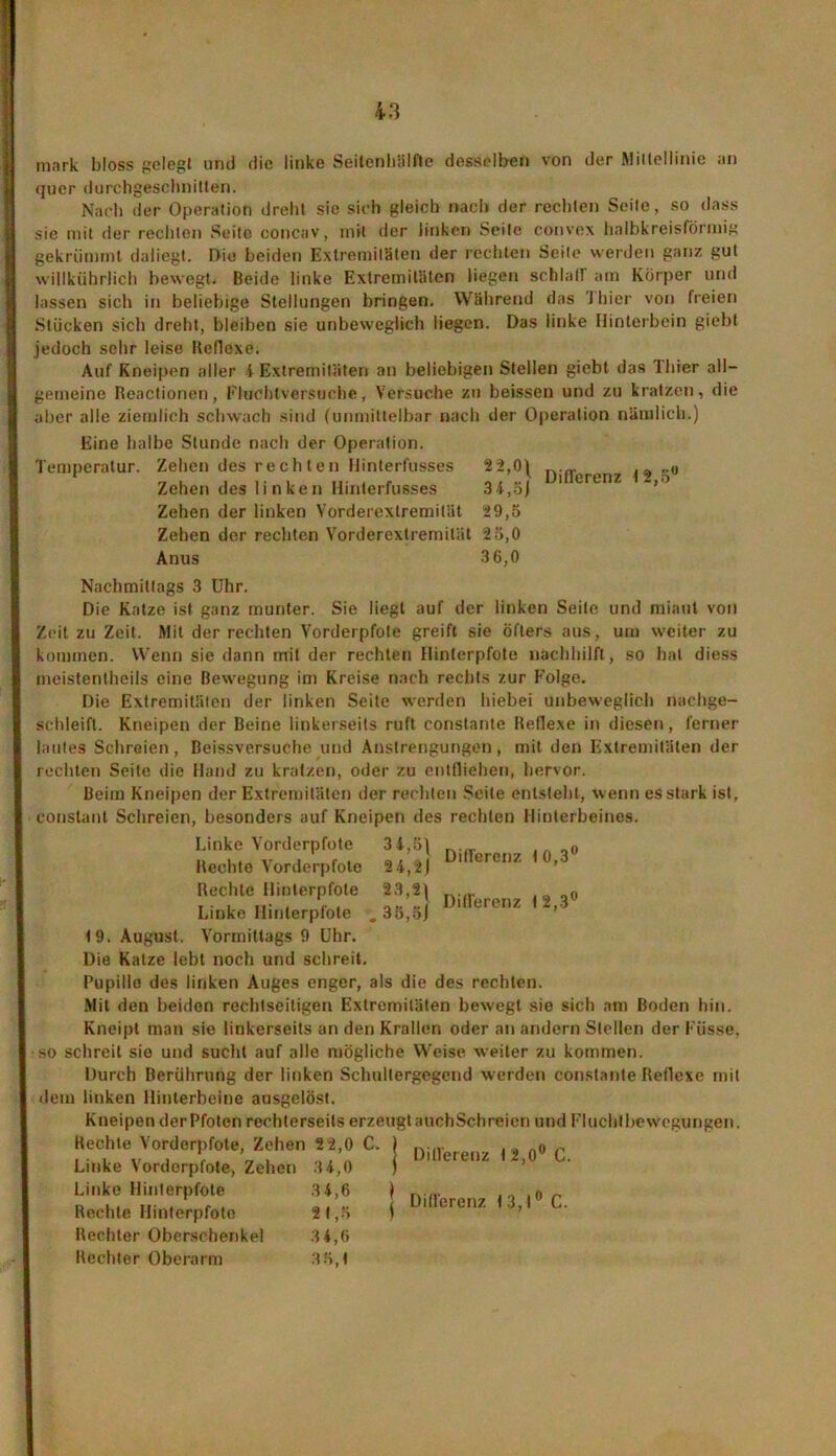 mark bloss gelegt und die linke Seitenhälfte desselben von der Mittellinie an quer durchgeschnitten. Nach der Operation dreht sie sich gleich nach der rechten Seile, so dass sie mit der rechten Seite concav, mit der linken Seile convex halbkreisförmig gekrümmt daliegt. Die beiden Extremitäten der rechten Seile werden ganz gut willkührlich bewegt* Beide linke Extremitäten liegen schlaf! am Körper und lassen sich in beliebige Stellungen bringen. Während das '1 hier von freien Stücken sich dreht, bleiben sie unbeweglich liegen. Das linke Hinterbein giebl jedoch sehr leise Heflexe. Auf Kneipen aller 4Extremitäten an beliebigen Stellen giebt das Thier all- gemeine Reactionen, Fluchtversuche, Versuche zu beissen und zu kratzen, die aber alle ziemlich schwach sind (unmittelbar nach der Operation nämlich.) Eine halbe Stunde nach der Operation. Temperatur. Zehen des r e c h t e n llinterfusses 22, Oj > ivr» Zehen des linken llinterfusses 34,5j 1 trenz Zehen der linken Vorderextremität 29,5 Zehen der rechten Vorderextremität 25,0 Anus 36,0 Nachmittags 3 Uhr. Die Katze ist ganz munter. Sie liegt auf der linken Seite und miaut von Zeit zu Zeit. Mit der rechten Vorderpfote greift sie öfters aus, um weiter zu kommen. Wenn sie dann mit der rechten Hinterpfote nachhilft, so bat diess meistentheils eine Bewegung im Kreise nach rechts zur Folge. Die Extremitäten der linken Seite werden hiebei unbeweglich nachge- schleift. Kneipen der Beine linkerseits ruft constante Reflexe in diesen, ferner lautes Schreien, Beissversuche und Anstrengungen, mit den Extremitäten der rechten Seite die Hand zu kratzen, oder zu entfliehen, hervor. Beim Kneipen der Extremitäten der rechten Seile entsteht, wenn es stark ist, conslant Schreien, besonders auf Kneipen des rechten Hinterbeines. Differenz t0,3° Differenz 12,3° Linke Vorderpfote 3 4,5\ Rechte Vorderpfote 2 4,2j Rechte Hinterpfote 23,2j Linke Hinterpfote . 35,öj 19. August. Vormittags 9 Uhr. Die Katze lebt noch und schreit, Pupille des linken Auges enger, als die des rechten. Mit den beiden rechtseiligen Extremitäten bewegt sie sich am Boden hin. Kneipt man sie linkerseits an den Krallen oder an andern Stellen der Fusse, so schreit sie und sucht auf alle mögliche Weise weiter zu kommen. Durch Berührung der linken Schultergegend werden constante Reflexe mit dem linken Hinterbeine ausgelöst. Kneipen der Pfoten rechterseils erzeugt auch Schreien und Fluchtbewegungen. Rechte Vorderpfote, Zehen 22,0 C. Linke Vorderpfote, Zehen 3 4,0 Linke Hinterpfote 34,6 Rechte Hinterpfote 2 1,5 Rechter Oberschenkel 3 4,0 Rechter Oberarm 3 5,t Diflerenz I2,0° C. | Differenz )3,l° C.