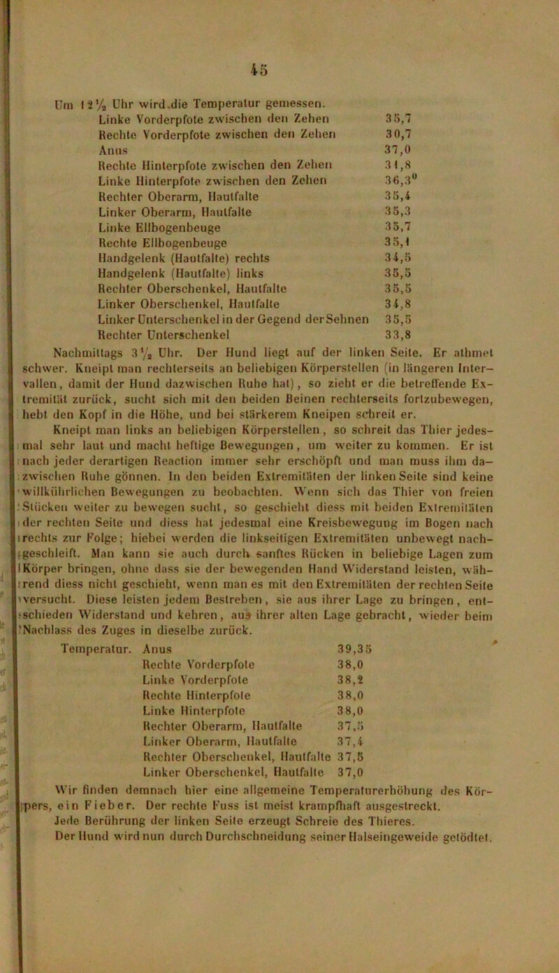 Um 12% Uhr wird.die Temperatur gemessen. Linke Vorderpfote zwischen den Zehen 38,7 Rechte Vorderpfote zwischen den Zellen 3 0,7 Anus 37,0 Rechte Hinterpfote zwischen den Zehen 3t,8 Linke Hinterpfote zwischen den Zehen 36,3° Rechter Oberarm, Haulfalte 35,4 Linker Oberarm, Hautfalte 35,3 Linke Ellbogenbeuge 35,7 Rechte Ellbogenbeuge 35,1 Handgelenk (Hautfalte) rechts 34,5 Handgelenk (Hautfalte) links 35,5 Rechter Oberschenkel, Hautfalte 35,5 Linker Oberschenkel, Hautfalte 34,8 Linker Unterschenkel in der Gegend derSelinen 35,5 Rechter Unterschenkel 33,8 Nachmittags 3% Uhr. Der Hund liegt auf der linken Seite. Er athmel schwer. Kneipt man rechlerseils an beliebigen Körperstellen (in längeren Inter- vallen, damit der Hund dazwischen Ruhe hat), so zieht er die betreffende Ex- tremität zurück, sucht sich mit den beiden Reinen rechlerseils fortzubewegen, hebt den Kopf in die Höhe, und bei stärkerem Kneipen schreit er. Kneipt man links an beliebigen Körperstellen , so schreit das Thier jedes- mal sehr laut und macht heftige Bewegungen , um weiter zu kommen. Er ist nach jeder derartigen Reaction immer sehr erschöpft und man muss ihm da- zwischen Ruhe gönnen. In den beiden Extremitäten der linken Seite sind keine ■ willkiihrlichen Bewegungen zu beobachten. Wenn sich das Thier von freien Stücken weiter zu bewegen sucht, so geschieht diess mit beiden Extremitäten der rechten Seile und diess hat jedesmal eine Kreisbewegung im Bogen nach irechts zur Folge; hiebei werden die linkseitigen Extremitäten unbewegt naeh- : geschleift. Man kann sie auch durch sanftes Rücken in beliebige Lagen zum IKörper bringen, ohne dass sie der bewegenden Hand Widerstand leisten, wäh- irend diess nicht geschieht, wenn man es mit den Extremitäten der rechten Seite ^versucht. Diese leisten jedem Bestreben, sie aus ihrer Lage zu bringen, ent- schieden Widerstand und kehren, au» ihrer alten Lage gebracht, wieder beim 'Nachlass des Zuges in dieselbe zurück. Temperatur. Anus 39,35 Rechte Vorderpfote 38,0 Linke Vorderpfote 38,2 Rechte Hinterpfote 38,0 Linke Hinterpfote 38,0 Rechter Oberarm, Hautfalte 37,5 Linker Oberarm, Hautfalte 37,4 Rechter Oberschenkel, Hautfalte 37,5 Linker Oberschenkel, Haulfalte 37,0 Wir finden demnach hier eine allgemeine Temperaturerhöhung des Kör- fpers, ein Fieber. Der rechte Fuss ist meist krampfhaft ausgestreckt. Jede Berührung der linken Seite erzeugt Schreie des Thieres. Der Hund wird nun durch Durchschneidung seiner Halseingeweide getödtet.