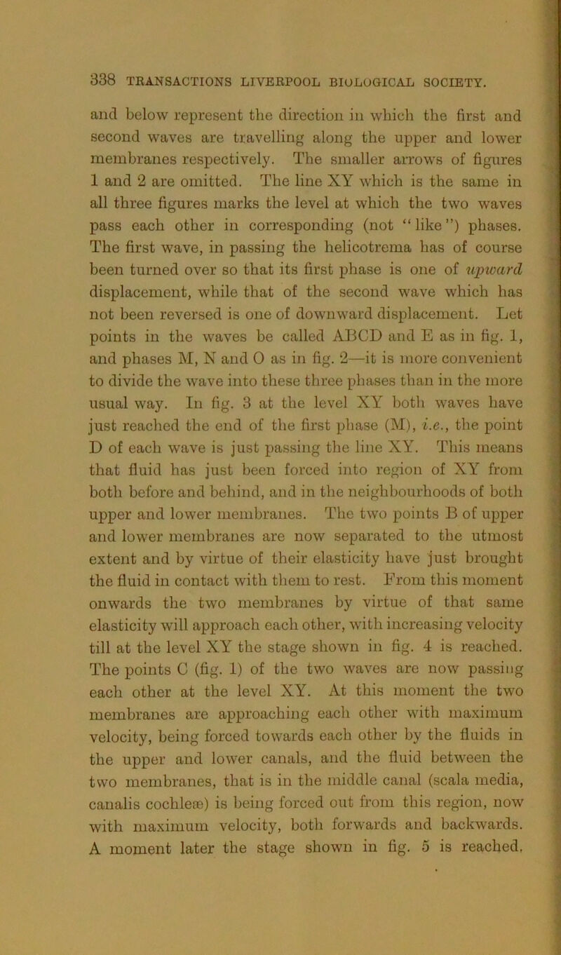 and below represent the direction in which the first and second waves are travelling along the upper and lower membranes respectively. The smaller arrows of figures 1 and 2 are omitted. The line XY which is the same in all three figures marks the level at which the two waves pass each other in corresponding (not “like”) phases. The first wave, in passing the helicotrema has of course been turned over so that its first phase is one of upward displacement, while that of the second wave which has not been reversed is one of downward displacement. Let points in the waves be called ABCD and E as in fig. 1, and phases M, N and 0 as in fig. 2—it is more convenient to divide the wave into these three phases than in the more usual way. In fig. 3 at the level XY both waves have just reached the end of the first phase (M), i.e., the point D of each wave is just passing the line XY. This means that fluid has just been forced into region of XY from both before and behind, and in the neighbourhoods of both upper and lower membranes. The two points B of upper and lower membranes are now separated to the utmost extent and by virtue of their elasticity have just brought the fluid in contact with them to rest. From this moment onwards the two membranes by virtue of that same elasticity will approach each other, with increasing velocity till at the level XY the stage shown in fig. 4 is reached. The points C (fig. 1) of the two waves are now passing each other at the level XY. At this moment the two membranes are approaching each other with maximum velocity, being forced towards each other by the fluids in the upper and lower canals, and the fluid between the two membranes, that is in the middle canal (scala media, canalis cochleas) is being forced out from this region, now with maximum velocity, both forwards and backwards. A moment later the stage shown in fig. 5 is reached.