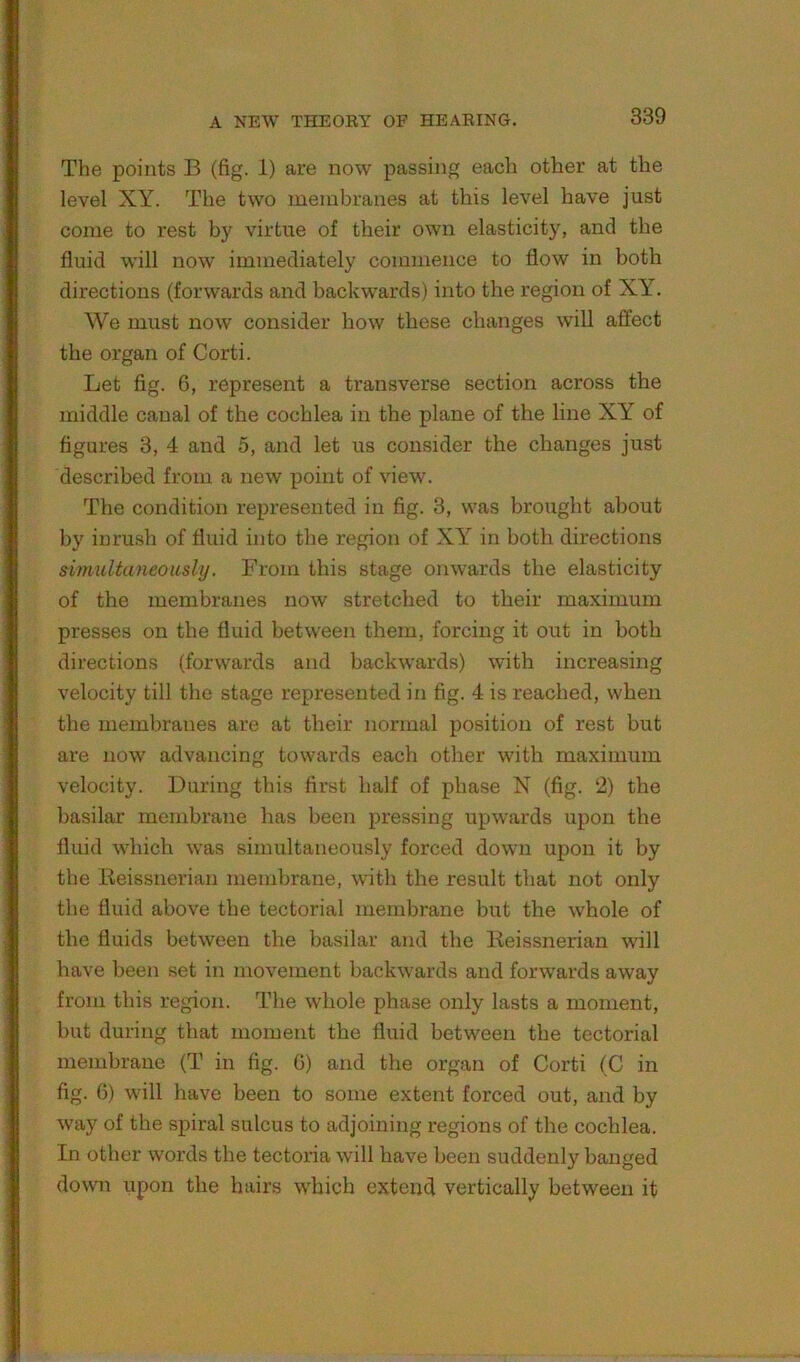 The points B (fig. 1) are now passing each other at the level XY. The two membranes at this level have just come to rest by virtue of their own elasticity, and the fluid will now immediately commence to flow in both directions (forwards and backwards) into the region of XY'. We must now consider how these changes will affect the organ of Corti. Let fig. 6, represent a transverse section across the middle canal of the cochlea in the plane of the line XY of figures 3, 4 and 5, and let us consider the changes just described from a new point of view. The condition represented in fig. 3, was brought about by inrush of fluid into the region of XY'^ in both directions simultaneously. From this stage onwards the elasticity of the membranes now stretched to their maximum presses on the fluid between them, forcing it out in both directions (forwards and backwards) with increasing velocity till the stage represented in fig. 4 is reached, when the membranes are at their normal position of rest but are now advancing towards each other with maximum velocity. During this first half of phase N (fig. 2) the basilar membrane has been pressing upwards upon the fluid which was simultaneously forced down upon it by the Eeissnerian membrane, with the result that not only the fluid above the tectorial membrane but the whole of the fluids between the basilar and the Keissnerian will have been set in movement backw'ards and forwards away from this region. The whole phase only lasts a moment, but during that moment the fluid between the tectorial membrane (T in fig. G) and the organ of Corti (C in fig. 6) will have been to some extent forced out, and by way of the spiral sulcus to adjoining regions of the cochlea. In other words the tectoria will have been suddenly banged dowui upon the hairs wdiich extend vertically between it