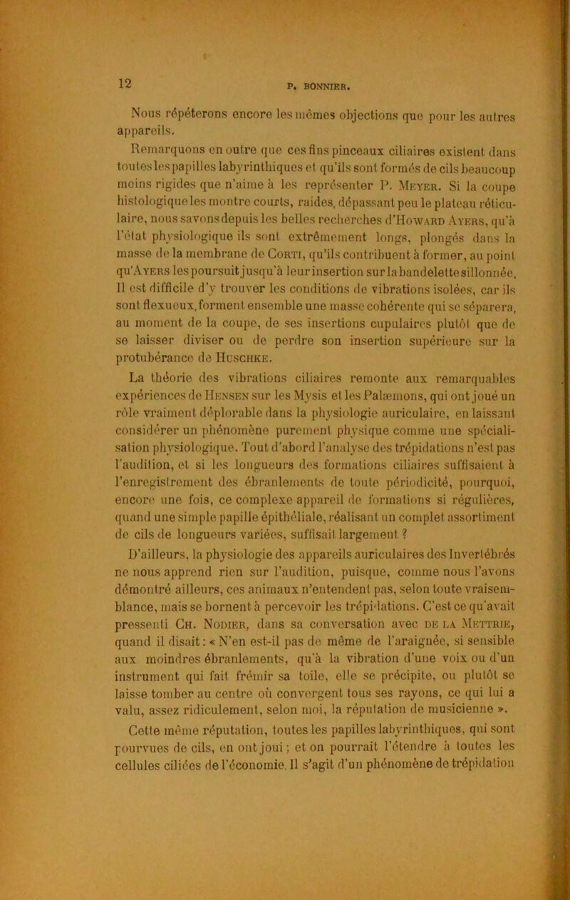 Nous P(^pétcrons encore les mêmes objections que pour les autres appareils. Remarquons en outre que ces fins pinceaux ciliaires existent dans toutes les pai)illes labyrinthiques et qu’ils sont formés de cils beaucoup moins rigides que n’aime à les représenter P. Mkyer. Si la coupe histologique les montre courts, raides, dépassant peu le plateau réticu- laire, nous savons depuis les belles recherches (I’Howard Avers, qu’à l’état physiologique ils sont extrêmement longs, plongés dans la masse de la membrane de Corti, qu’ils contribuent à former, au point qu’AvERS les poursuit jusqu’à leurinsertion surlabandelettesillonnée, 11 est difficile d’y trouver les conditions de vibrations isolées, car ils sont flexucux, forment ensemble une masse cohérente qui se séparera, au moment de la coupe, de ses insertions cupulain'S plutôt que de se laisser diviser ou de perdre son insertion supérieure sur la protubérance de Huschke. La théorie des vibrations ciliaires remonte aux remarquables expériences de IIensen sur les Mysis et les Palamions, qui ont joué un rôle vraiment déplorable dans la physiologie auriculaire, en laissant considérer un piiénoinène purement physique comme une spéciali- sation physiologique. Tout d’abord l’analyse des trépidations n’est pas l’audition, et si les longueurs des formations ciliaires suffisaient à l’enregistrement des ébranlements de toute périodicité, pourquoi, encore une fois, ce complexe appareil do formations si régulières, ({uand une simple papille épithéliale, réalisant un complet assortiment de cils de longueurs variées, suffisait largement ? D’ailleurs, la physiologie des appareils auriculaires des Invertébrés ne nous apprend rien sur l’audition, puisque, comme nous l’avons démontré ailleurs, ces animaux n’entendent pas, selon toute vraisem- blance, mais se bornent h percevoir les trépidations. C’est ce qu'avait pressenti Ch. Nodier, dans sa conversation avec de la Mettrie, quand il disait: «N’en est-il pas de même de l’araignée, si sensible aux moindres ébranlements, qu’à la vibration d’une voix ou d’un instrument qui fait frémir sa toile, elle se précipite, ou plutôt se laisse tomber au centre où convergent tous ses rayons, ce qui lui a valu, assez ridiculement, selon moi, la réputation de musicienne ». Cotte même réputation, toutes les papilles labyrinthiques, qui sont pourvues de cils, en ont joui; et on pourrait l’étendre à toutes les cellules ciliées de l’économie. 11 s’agit d’un phénomène de trépidation