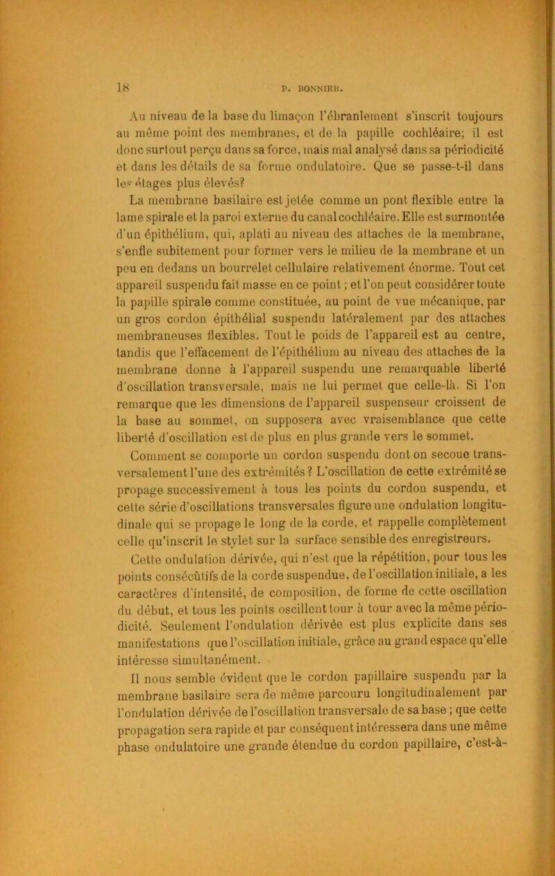 Au niveau de la base du limaçon rébranlement s’inscrit toujours au même point des membranes, et de la papille cochléaire; il est donc surtout perçu dans sa force, mais mal analysé dans sa périodicité et dans les détails de sa forme ondulatoire. Que se passe-t-il dans les étages plus élevés? La membrane basilaire est jetée comme un pont flexible entre la lame spirale et la paroi externe du canal cochléaire. Elle est surmontée d’un épithélium, qui, aplati au niveau des attaches de la membrane, s’enfle subitement pour former vers le milieu de la membrane et un peu en dedans un bourrelet cellulaire relativement énorme. Tout cet appareil suspendu fait masse en ce point ; et l’on peut considérer toute la papille spirale comme constituée, au point de vue mécanique, par un gros cordon épithélial suspendu latéralement par des attaches membraneuses flexibles. Tout le poids de l’appareil est au centre, tandis que reffacement de l’épithélium au niveau des attaches de la membrane donne à l’appareil suspendu une remarquable liberté d’oscillation transversale, mais ne lui permet que celle-là. Si Ton remarque que les dimensions de l’appareil suspenseur croissent de la base au sommet, on supposera avec vraisemblance que cette liberté d’oscillation est de plus en plus grande vers le sommet. Comment se comporte un cordon suspendu dont on secoue trans- versalement Tune des extrémités ? L’oscillation de cette extrémité se propage successivement à tous les points du cordon suspendu, et cette série d’oscillations transversales figure une ondulation longitu- dinale qui se propage le long de la corde, et rappelle complètement celle qu’inscrit le stylet sur la surface sensible des enregistreurs. Cette ondulation dérivée, qui n’est que la répétition, pour tous les points consécutifs de la corde suspendue, de 1 oscillation initiale, a les caractères d’intensité, de composition, de forme de cette oscillation du début, et tous les points oscillent tour à tour avec la même pério- dicité. Seulement l’ondulation dérivée est plus explicite dans ses manifestations que l’oscillation initiale, grâce au grand espace qu’elle intéresse simultanément. Il nous semble évident que le cordon papillaire suspendu par la membrane basilaire sera de même parcouru longitudinalement par l’ondulation dérivée de l’oscillation transversale de sa base ; que celte propagation sera rapide et par conséquent intéressera dans une même phase ondulatoire une grande étendue du cordon papillaire, c est-à-