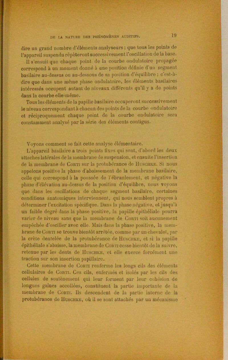 •’.V f dire un grand nombre d’éléments analyseurs ; que tous les points de l’appareil suspendu répéteront successivement l’oscillation de la base. 11 s’ensuit que chaque point de la courbe ondulatoire propagée correspond à un moment donné à une position définie d un segment basilaire au-dessus ou au-dessous de sa position d’é([uilibre ; c’est-à- dire que dans une même phase ondulatoire, les éléments basilaires intéressés occupent autant de niveaux différents qu’il y a de points dans la courbe elle-même. Tous les éléments de la papille basilaire occuperont successivement le niveau correspondant à chacun des jioints de la courbe ondulatoire et réciproquement chaque point de la courbe ondulatoire sei'a constamment analysé par la série des éléments contigus. Voyons comment se fait cette analyse élémentaire. L’appareil basilaire a trois points fixes qui sont, d’abord les deux attaches latérales de la membrane de suspension, et ensuite l’insertion de la membrane de Corti sur la protubérance de Huschke. Si nous appelons positive la phase d’abaissement de la membrane basilaire, celle qui correspond à la poussée de l’ébranlement, et négative la phase d’élévation au-dessus de la position d’équilibi-e, nous voyons que dans les oscillations de chaque segment basilaire, certaines conditions anatomiques interviennent, qui nous semblent propres à déterminer l’excitation spécifique. Dans la phase négative, et jusqu’à un faible degré dans la phase positive, la papille épithéliale pourra varier do niveau sans que la membrane de Corti soit aucunement empêchée d’osciller avec elle. Mais dans la phase positive, la mem- brane de Corti se trouve bientôt arrêtée, comme par un chevalet, par la crête dentelée de la protubérance de Huschke, et si la papille épithéliale s’abaisse, la membrane de Corti cesse bientôt de la suivre, retenue par les dents de Huschke, et elle exerce forcément une traction sur son insertion papillaire. Cette membrane de Corti renferme les longs cils des éléments cellulaires de Corti. Ces cils, enfermés et isolés par les cils des cellules de soutènement qui leur forment par leur cohésion de longues gaines accollées, constituent la partie importante de la membrane de Corti. Ils descendent de la partie interne de la protubérance de Huschke, où il se sont attachés par un mécanisme