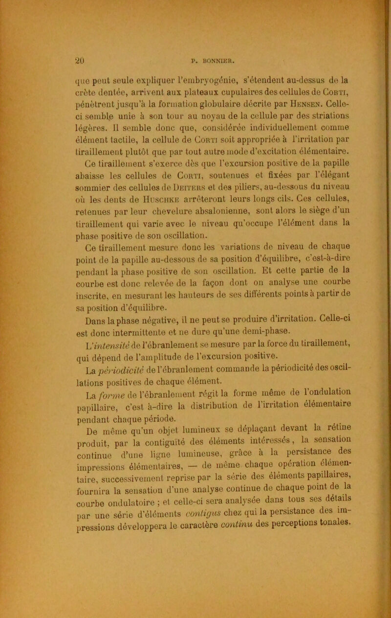 que peut seule expliquer rembryogikiie, s’étendent au-dessus do la crête dentée, arrivent aux plateaux cupulaires des cellules de Cobti, pénètrent jusqu’à la formation globulaire décrite par Hensen. Celle- ci semble unie à son tour au noyau de la cellule par des striations î légères. Il semble donc que, considérée individuellement comme élément tactile, la cellule de Corti soit appropriée à l’irritation par tiraillement plutôt que par tout autre mode d’excitation élémentaire. Ce tiraillement s’exerce dès que l’excursion positive de la papille | abaisse les cellules de Goim, soutenues et fixées par l’élégant sommier des cellules de Deiters et des piliers, au-dessous du niveau | où les dents de Huschke arrêteront leurs longs cils. Ces cellules, i; retenues par leur chevelure absalonienne, sont alors le siège d’un tiraillement qui varie avec le niveau qu’occupe l’élément dans la ^ phase positive de son oscillation. Ce tiraillement mesure donc les variations de niveau de chaque point de la papille au-dessous de sa position d’équilibre, c’est-à-dire pendant la phase positive de son oscillation. Et cette partie de la courbe est donc relevée de la façon dont on analyse une courbe inscrite, en mesurant les hauteurs de ses différents points à partir de . sa position d’équilibre. . Dans la phase négative, il ne peut se produire d’irritation. Celle-ci j est donc intermittente et ne dure qu’une demi-phase. ; U intensité de l’ébranlement se mesure par la force du tiraillement, qui dépend de l’amplitude de l’excursion positive. La périodicité de l’ébranlement commande la périodicité des oscil- lations positives de chaque élément. > La forme de l’ébranlement régit la forme même de l’ondulation i papillaire, c’est à-dire la distribution de l’irritation élémentaire * pendant chaque période. De même qu’un objet lumineux se déplaçant devant la rétine produit, par la contiguïté des éléments intéressés, la sensation continue d’une ligne lumineuse, grâce à la persistance des impressions élémentaires, — de môme chaque opération élémen- taire, successivement reprise par la série des éléments papillaires, fournira la sensation d’une analyse continue de chaque point de la courbe ondulatoire ; et celle-ci sera analysée dans tous ses détails par une série d’éléments contigus chez qui la persistance des im- pressions développera le caractère continu des perceptions tonales.