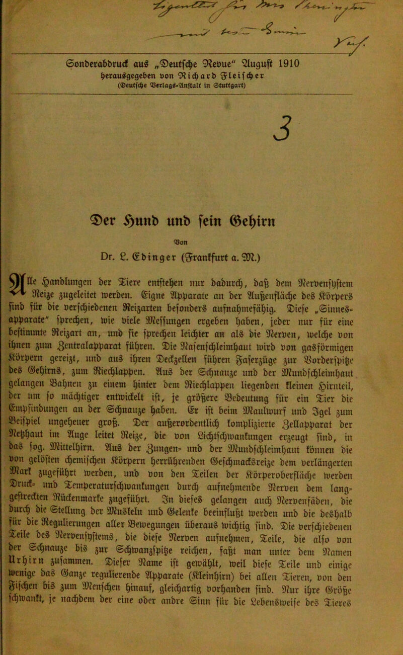 w ~f. 7 25^ Sonberabbrutf auS „©eutfche 9?e»ue ‘Sluguff 1910 l?erau$geget>en oon 9^ic^arb 'Jleifdjjer (Keutfc&e Kerlago-Slnftalt in Stuttgart) 0er $>unb unb fein (8ef)irn Kon Dr. 2. ©binger (‘Jranffurt a. SR.) Q|lle £>anblungen ber Siere entfielen mir baburd), baf? bent 9cert»enftjfiem Reige gugeleitet tuerben. ©igne Apparate an ber 21ußeufläd(je bcS Körpers finb für bie »erfdEjiebeneit Reigarteit befoitberS aufnahmefähig. Siefe „©iitneS* apparate fpredhen, tute »iele Rieffungen ergeben I)aben, jeber nur für eine beftimmte Reigart an, unb fie fprechett leidster an als bie fernen, luelc^e t>on i^nen gunt 3entralapparat führen. 35ie Rafenfdhleimhaut tuirb non gasförmigen Ätörpern gereift, unb auS ihren Setfgetteit führen ^afergüge gur SBorberfpißc beS ©ehirnS, 3um Riechlappcn. ?IuS ber ©chttauge nnb ber 2Kunbfd§leim^aut gelangen Sahnen 311 einem hinter bent Riedfjlappen iiegenbeit flehten §irnteil, ber um fo mastiger enttoicfelt ift, je größere Sebeutung für ein Sier bie ©mpfinbungen an ber ©dfjnauge fabelt. @r ift beim Riaultourf unb Sgel gum 93ci)>iel ungeheuer grofj. 35er außerorbentlid) tompligierte 3ellapparat ber Reßhaut im 2luge leitet Reige, bie 001t Sic^tfd^ioanfungen ergeugt finb, in ba§ fog. Riittelhirn. 2luS ber jungen* unb ber Riuitbfdfleimhaut fönnett bie »01t gelöfteit (gemifdjen Körpern Ijerrü^reitben ©efdfjmacfSreige bent verlängerten Sliarf gugefüprt toerben, unb »on ben teilen ber ftörperoberflcidje Serben S)rttcf= unb Semperaturfdfjtoantungen burd) aufnepmenbe Heroen bent lang* geftreeften Rücfenmarfe gugefitprt. Sn biefeS gelangen auef) Rer»enfäbeit, bie bur^ bie Stellung ber RiuSfeln unb ©elettfe beeinflußt toerben unb bie bcSljalb für bie Regulierungen aller Setuegungett überaus toiepg finb. Sie »erfd^iebcueu &eile beS ReroenftjftemS, bie biefe Reröen aufnehmen, Steile, bie alfo »01t ber ©tfjttauge bis gur ©djjtoangfpiße reifen, fafet man unter bem Rainen Urptrn gufammen. tiefer Rame ift getollt, toeil biefe Seile unb einige tuenige baS ©ange regulierenbe Apparate (.Kleinhirn) bei allen Sieren, »on ben {$ifdfjen bi» gum Rienfcfjen hinauf, gleichartig »orpanben finb. Rur ihre ©rößc fefpüanft, je nat^bent ber eine ober anbre ©inn für bie 2cbettStueife beS SiercS