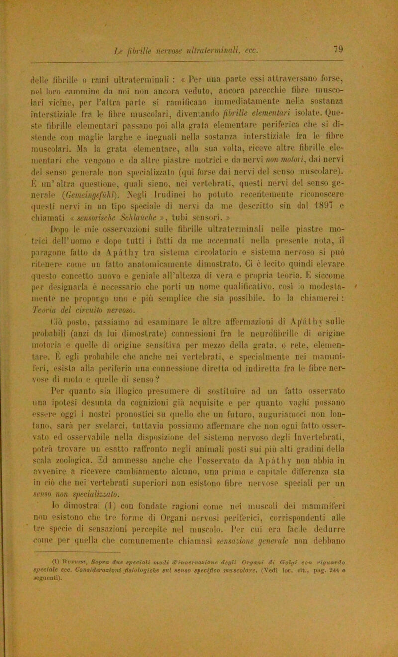 dello librille o mini iiltmlenninali : « l’or ima parie essi atlraversano torse, nel loro cammino da noi non ancora veduto, ancora pareccliie libre musco- lari vicine, per l’allra parte si ramificano immediatamente nella sostanza interstiziale fra le fibre muscolari, diventando fibrille elementari isolate. t^)ue- ste fibrille elementari passano poi alla grata elementare periferica che si di- stende con maglie larghe e ineguali nella sostanza interstiziale fra le libre muscolari. Ma la grata elementare, alla sua volta, riceve altre fibrille ele- mentari che vengono e da altre piastre motrici e da nervi non motori^ dai nervi del senso generale non specializzato (qui forse dai nervi del senso muscolare). K un’altra questione, quali sieno, nei vertebrali, questi nervi del senso ge- nerale {Gemeingefiihl). Negli Irudinei ho potuto recentemente riconoscere questi nervi in un tipo speciale di nervi da me descritto sin dal 1897 e chiamati ^ sensorische Schlaiiche », tubi sensori. » liopo le mie osservazioni sulle fibrille ultralerminali nelle piastre mo- trici dell’uomo e dopo tutti i fatti da me accennati nella presente nota, il paragone fatto da Apàtby tra sistema circolatorio e sistema nervoso si può ritenere come un fatto anatomicamente dimostrato. Ci è lecito quindi elevare questo concetto nuovo e geniale airaltezza di vera c piaqu-ia teoria. K siccome per designarla è necessario che porti un nome qualificativo, cosi io modesta- mente ne propongo uno e più semplice che sia possibile, lo la chiamerei : Teoria del circuito nervoso. (iiò posto, passiamo ad esaminare le altre affermazioni di Apàt b v sulle probabili (anzi da lui dimostrale) conne.ssioni fra le neurdlibrille di origine motoria e quelle di origine sensitiva per mezzo della grata, o rete, elemen- tare. K egli probabile che anche nei vertebrati, e specialmente nei mammi- feri, esista alla iieriferia una connessione diretta od indiretta fra le fibre ner- vose di moto e quelle di senso? IVr quanto sia illogico presumere di sostituire ad un fatto osservato una ipotesi desunta da cognizioni già acijuisile e per quanto vaghi possano esst*re oggi i nostri pronoslici su quello che un futuro, auguriamoci non lon- tano. sarà per svelarci, tuttavia possiamo affermare che non ogni fatto osser- vato ed osservabile nella disposizione del sistema nervo.so degli Invertebrali, potrà trovare un esatto raffronto negli animali posti sui più alti gradini della scala zoologica. Ed ammesso anche che l’osservalo da Apàtby non abbia in avvenire a ricevere cambiamento alcuno, una prima e capitale dilferenza sta in ciò che nei vertebrati superiori non esistono fibre nervose speciali per un senso non specialh^ato. lo dimostrai (1) con fondate ragioni come nei muscoli dei mammiferi non esistono che tre forme di Organi nervosi periferici, corrispondenti alle tre specie di sensazioni percepito nel muscolo. Per cui ora facile dedurre come per quella che comunemente chiamasi sensaiione generale non debbano (1) lluPKisi, Sopra due speciali modi d’innervazione degli Organi di Ooigi con riguardo speciale ecc. Considerazioni fisiologiche sul senso specifico muscolare. (Ve<li loc. cit., piig. 244 e seguenti).