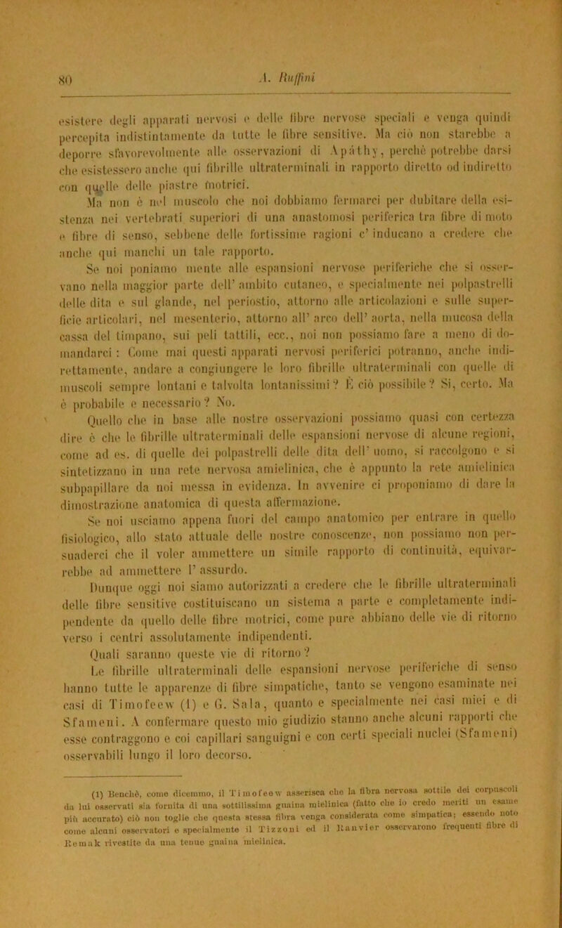 (‘sisliTO (If^^li apparali lu'rvosi c libro norvoso .speciali o vcuga (piimli percepita indistinlaiiieule ila Uilte le libre sensitive. Ma ciò non sUirebbe a (lepori-e slavorevolmenle alle osservazioni di Apàtliy, percliè, potrebbe darsi die esistessero anello qui tìbrille iiltralerininali in rapporto diretto od indiretto con qi^dle delle [liaslre fiiotrici. .Ma non è nel iiitiscolo che noi dobbiamo fermarci per dubitare della esi- stenza nei vertebrati superiori di una anastomosi periferica tra libre dimoio e libre di senso, sebbene delle fortissime ragioni c’ inducano a credere die anche qui inanelli un tale rapporto. Se noi [loniamo mente alle espansioni nervose periferidie die si os.<er- vano nella maggior [larte dell’ ambito cutaneo, e s[iecialmenle nei [lolpastrelli delle dila e sul glande, nel periostio, attorno alle articolazioni e sulle stiper- lìde articolari, nel mesenterio, attorno all’ arco dell’ aorta, nella mucosa della cassa del timpano, sui [leli lattili, ecc., noi non possiamo fare a meno di do- mandarci : Come mai questi apparati nervosi periferici potranno, andu* indi- rettamente, andare a congiungere le loro fibrilli' ultralerminali con quelle di muscoli sempre lontani e talvolta lontanissimi? C ciò possibile? Si, certo. .Ma ò probabile e necessario? No. Quello die in base alle nostre osservazioni possiamo quasi con certezza dire ò che le fibrille ultraterminali delle espansioni nervose di alcune regioni, come ad es. di quelle dei polpastrelli delle dita dell’ uomo, si raccidgono e si sintetizzano in una rete nervosa amieliiiica, die è appunto la rete amielinica subpapillare da noi messa in evidenza. In avvenire ci proponiamo di dare la dimostrazione anatomica di ([uesla aHermazione. Se noi usciamo appena fuori del campo anatomico per entrare in quello lisiologico, allo stalo attuale delle nostre conoscenze, non possiamo non per- suaderci die il voler ammettere un simile rapporto di continuità, equivar- rebbe ad ammettere l’ assurdo. Dunque oggi noi siamo autorizzati a credere die le librille ultralerminali delle libre sensitive costituiscano un sistema a parte e complelamcnte indi- pendente da ([nello delle libre motrici, come pure abbiano delle vie di ritorno verso i centri assolutamente indipendenti. (Jiiali saranno queste vie di ritorno? Le fibrille ultralerminali delle espansioni nervosi' [leriferidie di senso hanno tutte le apparenze di libre simpaticlie, tanto se vengono esaminate nei casi di Timofeew (1) e lì. Sala, quanto e specialmente nei casi miei e di Sfaiiieni. .\ confermare questo mio giudizio stanno anche alcuni i.ippoiti che esse contraggono e coi capillari sanguigni e con certi speciali nuclei (Stameni) osservabili lungo il loro decorso. (1) Benché, come «lieemmo, il Tiuiol’eow a.ssensca elio In libra nervosa sottile dei corpuscoli (in lui osservati sia l'oriiita di una Bottilissima puaiiia raielinica (fatto che io credo ineriti un esame pih accurato) ciò non toglie che iinesta stessa libra venga considerata come sim|mtica; essendo noto come alcuni OBSoi-vntori e specialmente il Tizzoni ed il llanvier osseia-arono fre<iuenti fibre di Ilemak rivestito da una tenue gnaiiia mielinica.