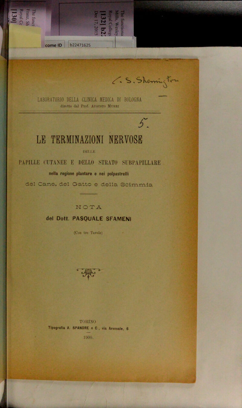 LABORATORIO DELLA CLINICA MEDICA DI BOLOGNA diretto dal Prof. Augusto Murri % LE TERMINAZIONI NERVOSE DELLE PAPILLE CUTANEE E DELLO STRATO SUB PAPILLARE nella regione plantare e nei polpastrelli del Cane, del (Catto e della Scimmia NO 'TJL del Dott. PASQUALE SFAMENI (Con tre Tavole) *