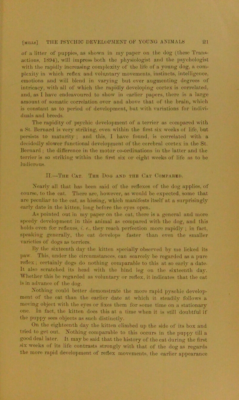 of H litter of puppie.s, as shown in iny paper on the dog (these Trans- actions, 1894), will impress both the pliysiologist and the })sychologist with the rapidly increasing complexity of the life of a young dog, a com- plexity in which reflex and voluntary movements, instincts, intelligence, emotions and will blend in varying hut ever augmenting degrees of intricacy, with all of which the rapidly developing cortex is correlated, and, as 1 liave endeavoui*ed to show in earlier papers, there is a large amount of somatic correlation over and above that of the brain, which is constant as to period of develojiment, but with variations for indivi- duals and breeds. The rapidity of psychic ilevelopment of a terriei’ as compared with a St. Bernard is very .striking, even within the fii-st six weeks of life, but persists to maturit}* ; and this, I have found, is correlated with a decidedly slower functional develo])incnt of the cerebral cortex in the St. Bernard ; the difference in the motor co-ordinations in the latter and the terrier is so striking within the tiist six or eight weeks of life as to he ludicrous. II.—The Cat. The Dog and the Cat Compared. Xearly all that has been .said of the reflexes of the dog applies, of eoni-se, to the cat. There are, however, as would be ex]>ected, some that are peculiar to the cat. as hissing, which manifests itself at a surprisingly early date in the kitten, long before the eyes open. As jiointed out in my paper on the cat. there is a general and more speedy development in this animal as com))ared with the dog, and this holds even for reflexes, /. e.. they reach perfection more rapidly ; in fact, speaking generally, the cat develops faster than even the smaller varieties of dogs as terriers. By the si.xteenth day the kitten sjteeially observed by me licked its paw. This, under the circumstances, can scarcely be regarded as a ]jure n^fle.x ; certainly dogs do nothing comi)arahle to this at so early a date. It also scratched its head with the hind leg on the .sixteenth day. Whether this be regarded as voluntary or reflex, it indicates that the cat is in advance of the dot?. Nothing could better demonstrate the more rapid pyschic develop- ment of the cat than the earlier date at which it steadily follows a m»->ving object with the eyes or Axes them for some tiine on a stationary one. In fact, the kitten does this at a time when it is still doubtful if the puppy sees objects as such distinctly. On the eighteenth day the kitten climbed up the side of its box and tried to get out. Nothing comparable to this occurs in the puj)])y till a good deal later. It may be said that the history of the cat during the first six weeks of its life contrasts strongly with that of the dog as regards the more i*apid development of reflex movements, the earliei’ appearance