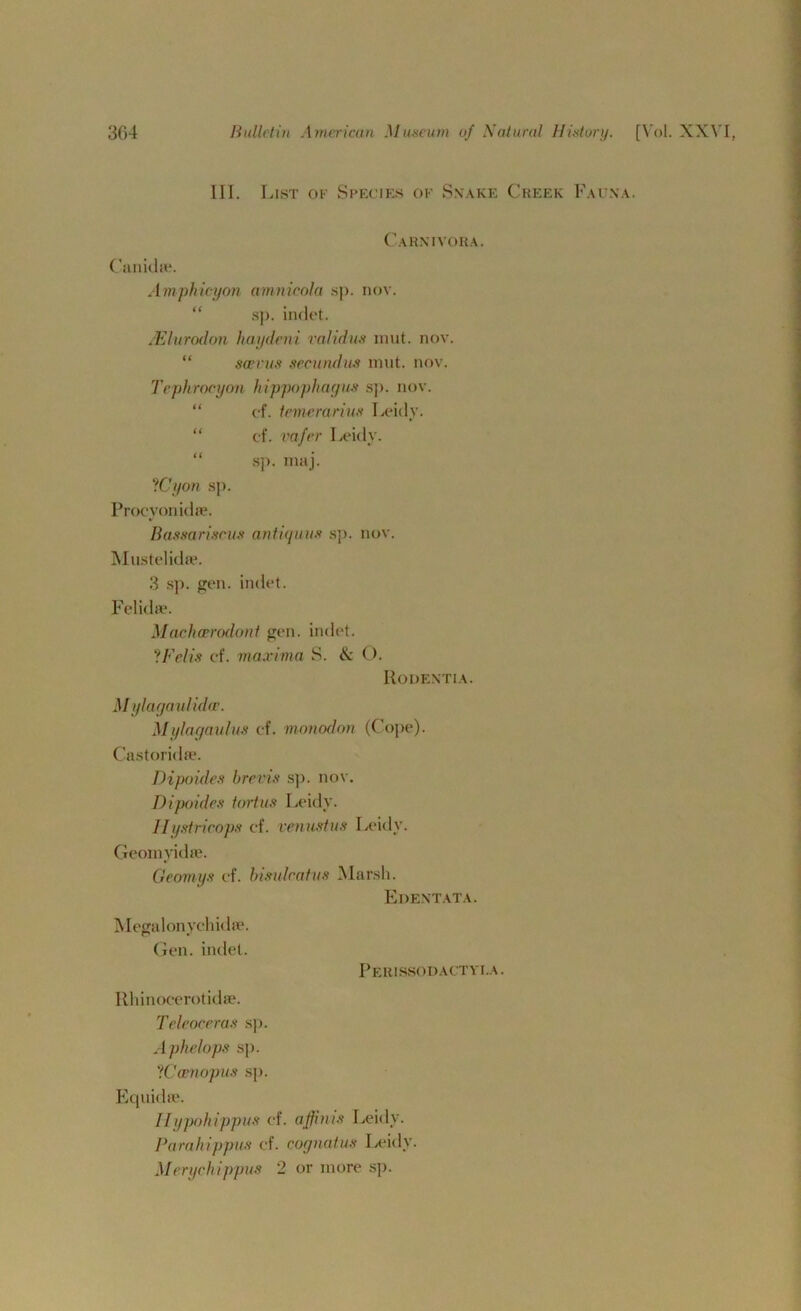 III. List ok Species ok Snake Creek Fauna. Carnivora. Canidie. Amphicyon amnicola sp. nov. “ sp. indet. /E lit rod on haydeni valid us nmt. nov. “ scents secundus mut. nov. Tephrocyon hippophagus sp. nov. “ cf. temerarius Leidy. “ cf. vafer Leidy. “ sp. maj. iCyon sp. Procyonidie. Bassarisms antitjuns sp. nov. Mustelidae. 3 sp. gen. indet. Felidae. Machaerodont gen. indet. IFelis cf. maxima S. & O. Rodentia. Mylagaul idee. Mylagaulus cf. monodon (Cope). Castorida*. Dipoides brevis sp. nov. Dipoides tortus Leidy. Hystricops cf. venustus Leidy. Geomyidse. Geomys cf. bisulcatns Marsh. Edentata. Megalonychidie. Gen. indet. Perissodactvi.a. Rhinocerotidae. Teleoceras sp. Aphe!ops sp. ‘ICoenopus sp. Equidae. Hypohippus cf. affinis Leidy. Parahippus cf. cognatus Leidy. Meryehippus 2 or more sp.