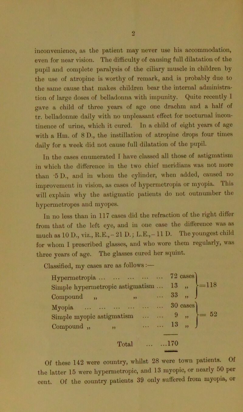 inconvenience, as the patient may never use his accommodation, even for near vision. The difficulty of causing full dilatation of the pupil and complete paralysis of the ciliary muscle in children by the use of atropine is worthy of remark, and is probably due to the same cause that makes children bear the internal administra- tion of large doses of belladonna with impunity. Quite recently I gave a child of three years of age one drachm and a half of tr. belladonna) daily with no unpleasant effect for nocturnal incon- tinence of urine, which it cured. In a child of eight years of age with a Hm. of 8 D., the instillation of atropine drops four times daily for a week did not cause full dilatation of the pupil. In the cases enumerated I have classed all those of astigmatism in which the difference in the two chief meridians was not more than '5 D., and in whom the cylinder, when added, caused no improvement in vision, as cases of hypermetropia or myopia. This will explain why the astigmatic patients do not outnumber the hypermetropes and myopes. In no less than in 117 cases did the refraction of the right diftoi from that of the left eye, and in one case the difference was as much as 10 D., viz., R.E., -21 D.; L.E.,- 11 D. The youngest child for whom I prescribed glasses, and who wore them regularly, was three years of age. The glasses cured her squint. Classified, my cases are as follows :— Hypermetropia Simple hypermetropic astigmatism .. Compound „ » Myopia Simple myopic astigmatism Compound „ „ 72 cases' 13 33 » >) 30 cases' 9 13 >> Total 170 Of these 142 were country, whilst 28 were town patients. Of the latter 15 were hypermetropic, and 13 myopic, or nearly 50 per cent. Of the country patients 39 only suffered from myopia, or