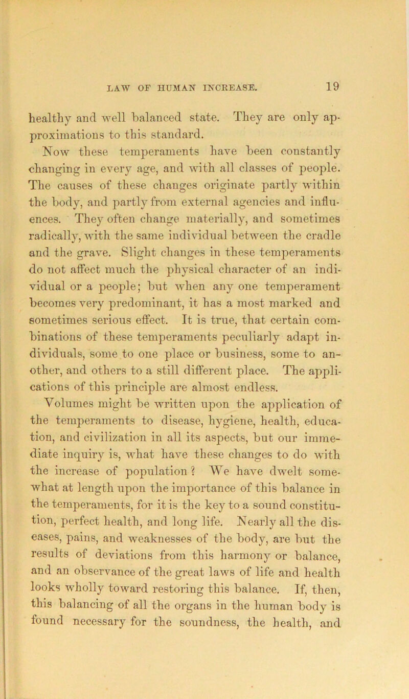 healthy and well halanced state. They are only ap- proximations to this standard. Now these temperaments have been constantly changing in every age, and with all classes of 2ieople. The causes of these changes originate partly within the body, and jiartly from external agencies and influ- ences. They often change materially, and sometimes radically, with the same individual between the cradle and the grave. Slight changes in these temjieraments do not affect much the physical character of an indi- vidual or a jieople; but when any one temperament becomes very predominant, it has a most marked and sometimes serious effect. It is true, that certain com- binations of these temjieraments peculiarly adapt in- dividuals, some to one place or business, some to an- other, and others to a still different place. The appli- cations of this jirincijile are almost endless. Volumes might be written uj)on the application of the temperaments to disease, hygiene, health, educa- tion, and civilization in all its aspects, but our imme- diate inquiry is, what have these changes to do with the increase of pojmlation ? We have dwelt some- what at length ujion the imjiortance of this balance in the temperaments, for it is the key to a sound constitu- tion, perfect health, and long life. Nearly all the dis- eases, pains, and weaknesses of the body, are but the results of deviations from this harmony or balance, and an observance of the great laws of life and health looks wholly toward restoring this balance. If, then, this balancing of all the organs in the human body is found necessary for the soundness, the health, and