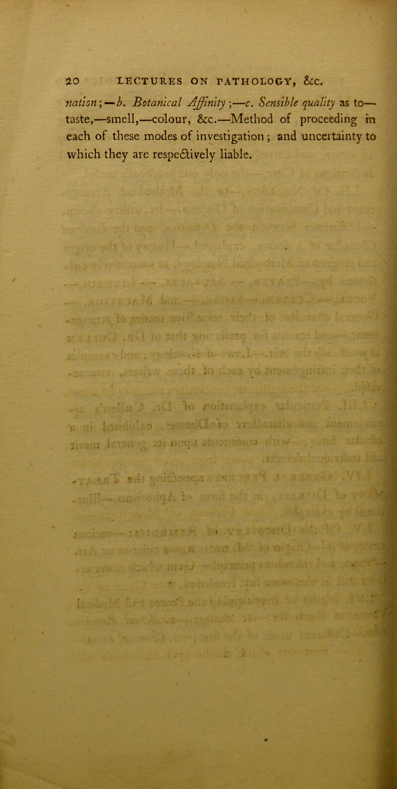 nation;—b. Botanical Affinity-,—c. Sensible quality as to— taste,—smell,—colour, &c.—Method of proceeding m each of these modes of investigation; and uncertainty to which they are respectively liable. I 1: ■*-: J ) ixS 1 V.