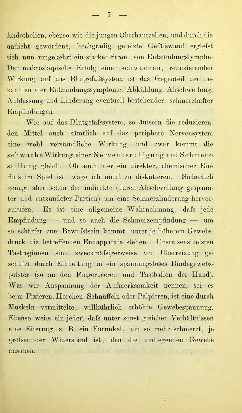 Endotiielien, ebenso wie die jungen Oberbautzellen, und durch die undicht gewordene, hochgradig gereizte Gefäfswaud ergiefst sich nun umgekehrt ein starker Strom Amn Entzündungslymphe. Der makroskopische Erfolg einer schwachen, reduzierenden Wirkung auf das Blutgefäfssystem ist das Gegenteil der be- kannten Auer Entzündungssymptome: Abkühlung, AbschAvellung, Abblassung und Linderung eventuell bestehender, schmerzhafter Empfindungen. Wie auf das Blutgefäfssystem, so äufsern die reduzieren- den Mittel auch sämtlich auf das periphere Nervensystem eine Avohl verständliche Wirkung, und zwar kommt die schAvache Wirkung einer Nervenberu higung und Schmerz- stillung gleich. Ob auch hier ein direkter, chemischer Ein- flufs im Spiel ist, Avage ich nicht zu diskutieren. Sicherlich genügt aber schon der indirekte (durch AbschAvellung gespann- ter und entzündeter Partien) um eine Schmerzlinderung hervor- zurufen. Es ist eine allgemeine Wahrnehmung, dafs jede Empfindung — und so auch die Schmerzempfindung — um so schärfer zum Bewufstsein kommt, unter je höherem GeAvebs- druck die betreffenden Endapparate stehen. Unsre sensibelsten Tastregionen sind zAveckmäfsigerweise vor Überreizung ge- schützt durch Einbettung in ein spannungsloses Bindegewebs- polster (so an den Fingerbeeren und Tastballen der Hand). Was wir Anspannung der Aufmerksamkeit nennen, sei es beim Fixieren, Horchen, Schnüffeln oder Palpieren, ist eine durch Muskeln A^ermittelte, Avillkührlich erhöhte GeAvebespanuung. Ebenso weifs ein jeder, dafs unter sonst gleichen Verhältnissen eine Eiterung, z. B. ein Funinkel, um so mehr schmei’zt, je gröfser der Widerstand ist, den die umliegenden GeAvebe ausüben.