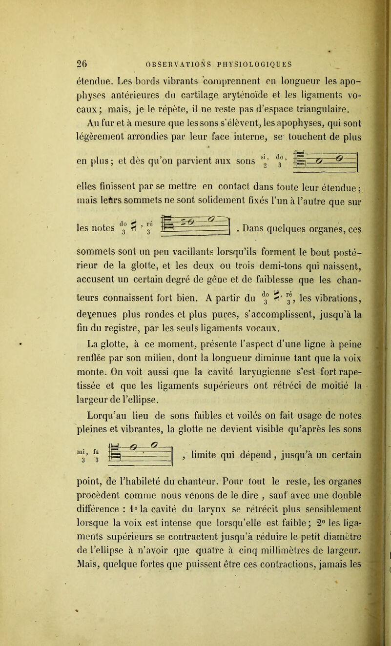étendue. Les bords vibrants caniprennent en longueur les apo- physes antérieures du cartilage aryténoïde et les ligaments vo- caux; mais, je le répète, il ne reste pas d’espace triangulaire. Au fur et à mesure que les sons s’élèvent, les apophyses, qui sont légèrement arrondies par leur face interne, se touchent de plus en plus ; et dès qu’on parvient aux sons do, ■IW- I7P ^ elles finissent par se mettre en contact dans toute leur étendue; mais lehrs sommets ne sont solidement fixés fun à l’autre que sur les notes do 7 1 i:»- Dans quelques organes, ces sommets sont un peu vacillants lorsqu’ils forment le bout posté- rieur de la glotte, et les deux ou trois demi-tons qui naissent, accusent un certain degré de gêne et de faiblesse que les chan- teurs connaissent fort bien. A partir du '3“ 1^’ 3, les vibrations, devenues plus rondes et plus pures, s’accomplissent, jusqu’à la fin du registre, par les seuls ligaments vocaux. La glotte, à ce moment, présente l’aspect d’une ligne à peine renflée par son milieu, dont la longueur diminue tant que la voix monte. On voit aussi que la cavité laryngienne s’est fort rape- tissée et que les ligaments supérieurs ont rétréci de moitié la largeur de l’ellipse. Lorqu’au lieu de sons faibles et voilés on fait usage de notes pleines et vibrantes, la glotte ne devient visible qu’après les sons mi, 3 , limite qui dépend, jusqu’à un certain point, de l’habileté du chanteur. Pour tout le reste, les organes procèdent comme nous venons de le dire , sauf avec une double différence : 1® la cavité du larynx se rétrécit plus sensiblement lorsque la voix est intense que lorsqu’elle est faible; 2° les liga- ments supérieurs se contractent jusqu’à réduire le petit diamètre de l’ellipse à n’avoir que quatre à cinq millimètres de largeur. Mais, quelque fortes que puissent être ces contractions, jamais les