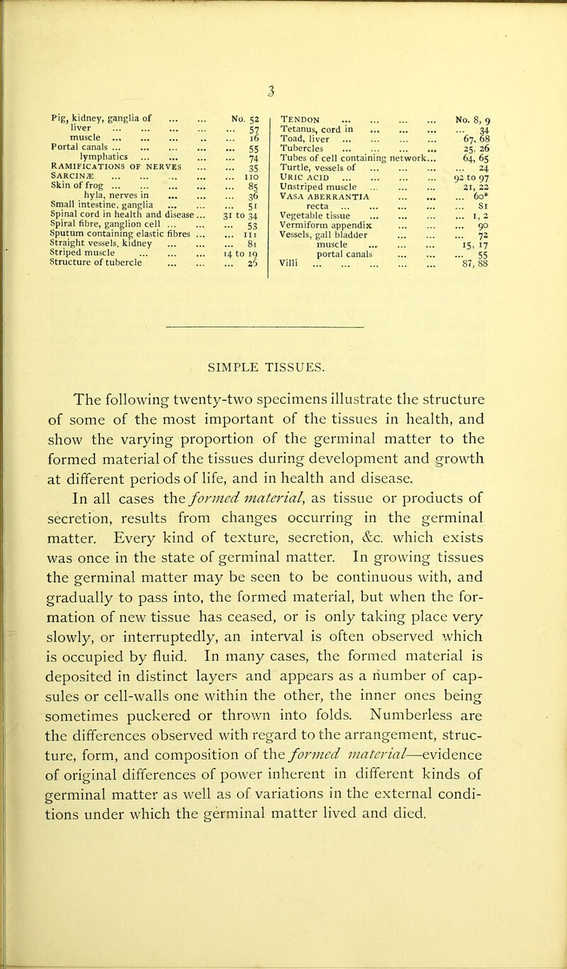 Pig, kidney, ganglia of No. 52 liver 57 muscle 16 Portal canals 55 lymphatics 74 Ramifications of nerves 35 SARCINiE no Skin of frog 85 hyla, nerves in 36 Small intestine, ganglia 51 Spinal cord in health and disease ... 31 to 34 Spiral fibre, ganglion cell 53 Sputum containing elastic fibres in Straight vessels, kidney 81 Striped muscle 14 to 19 Structure of tubercle 25 Tendon No. 8, 9 Tetanus, cord in • 34 Toad, liver 67, 68 Tubercles 25' 26 Tubes of cell containing network... 64, 65 Turtle, vessels of ... 24 Uric acid 92 to 97 Unstriped muscle Vasa aberrantia 21, 22 ... 60* recta ... Si Vegetable tissue ... 1, 2 Vermiform appendix ... 90 Vessels, gall bladder ... 72 muscle 15, i7 portal canals - 55 Villi 87, 88 SIMPLE TISSUES. The following twenty-two specimens illustrate the structure of some of the most important of the tissues in health, and show the varying proportion of the germinal matter to the formed material of the tissues during development and growth at different periods of life, and in health and disease. In all cases the formed material, as tissue or products of secretion, results from changes occurring in the germinal matter. Every kind of texture, secretion, &c. which exists was once in the state of germinal matter. In growing tissues the germinal matter may be seen to be continuous with, and gradually to pass into, the formed material, but when the for- mation of new tissue has ceased, or is only taking place very slowly, or interruptedly, an interval is often observed which is occupied by fluid. In many cases, the formed material is deposited in distinct layers and appears as a number of cap- sules or cell-walls one within the other, the inner ones being sometimes puckered or thrown into folds. Numberless are the differences observed with regard to the arrangement, struc- ture, form, and composition of the formed material—evidence of original differences of power inherent in different kinds of germinal matter as well as of variations in the external condi- tions under which the germinal matter lived and died.