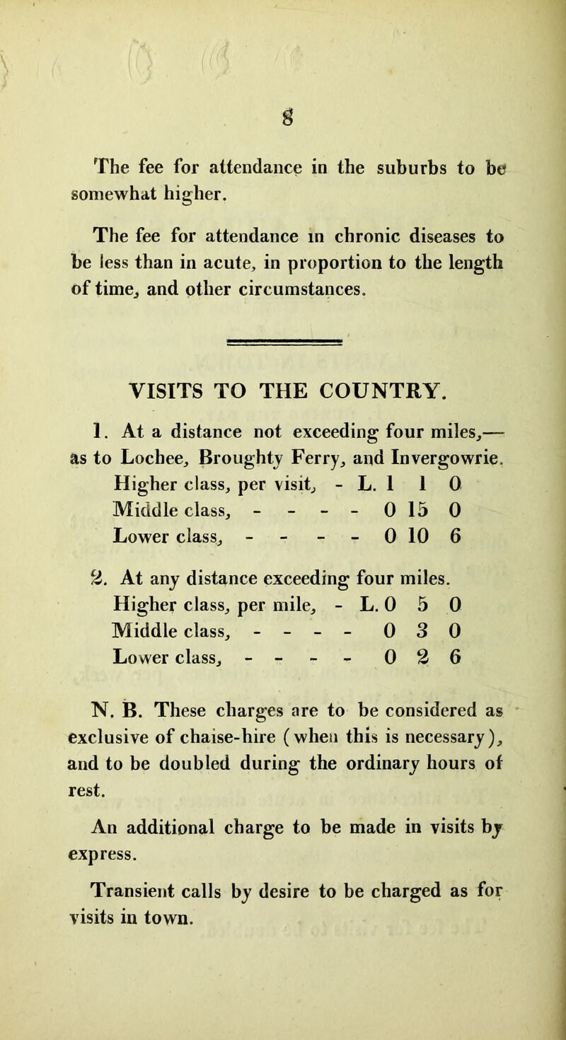 somewhat higher. The fee for attendance in chronic diseases to be less than in acute, in proportion to the length of time,, and other circumstances. VISITS TO THE COUNTRY. 1. At a distance not exceeding four miles,— as to Lochee, Broughty Ferry, and Invergowrie. Higher class, per visit, - L. 1 1 0 Middle class, - - - 0150 Lower class, - 0 10 6 2. At any distance exceeding four miles. Higher class, per mile, - L. 0 5 0 Middle class, - - - - 0 3 0 Lower class, - - 0 2 6 N. B. These charges are to be considered as exclusive of chaise-hire (when this is necessary), and to be doubled during the ordinary hours of rest. An additional charge to be made in visits by express. Transient calls by desire to be charged as for visits in town.