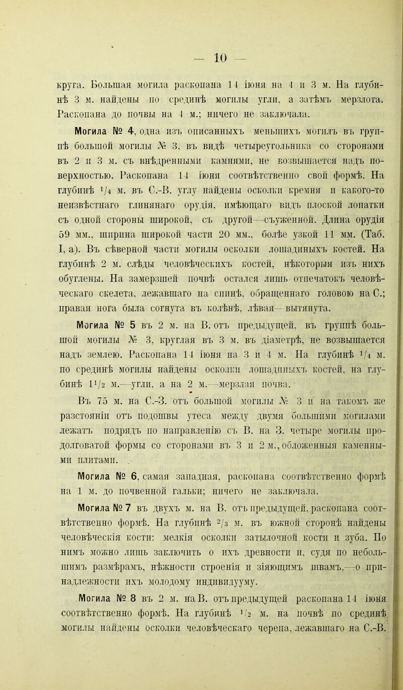 круга. Большая, могила раскопана ] 4 іюня на. 4 и 3 м. На глуби- нѣ 3 м. найдены ио срединѣ могилы угли, а затѣмъ мерзлота. Раскопана до почвы на I м.; ничего не заключала. Могила № 4, одна изъ описанныхъ меньшихъ могилъ въ груп- пѣ большой могилы № 3, въ видѣ четыреугольнпка со сторонами въ 2 и 3 м. съ внѣдренными камнями, не возвышается надъ по- верхностью. Раскопана 14 іюня соотвѣтственно свой формѣ. На глубинѣ 1іі м. въ С.-В. углу найдены осколки кремня и какого-то неизвѣстнаго глинянаго орудія, имѣющаго видъ плоской лопатки съ одной стороны широкой, съ другой—съуженной. Длина орудія 59 мм., ширина широкой части 20 мм., болѣе узкой 41 мм. (Таб. I, а). Въ сѣверной части могилы осколки лошадиныхъ костей. На глубинѣ 2 м. слѣды человѣческихъ костей, нѣкоторыя изъ нихъ обуглены. На замерзшей почвѣ остался лишь отпечатокъ человѣ- ческаго скелета, лежавшаго на спинѣ, обращеннаго головою на С.; правая нога была согнута въ колѣнѣ, лѣвая- вытянута. Могила № 5 въ 2 м. на В. отъ предыдущей, въ группѣ боль- шой могилы № 3, круглая въ 3 м. въ діаметрѣ, не возвышается надъ землею. Раскопана 14 іюня на 3 п 4 м. На глубинѣ 1Д м. по срединѣ могилы найдены осколки лошадиныхъ костей, на. глу- бинѣ I1/2 м.—угли, а на 2 м.—мерзлая почва. Въ 75 м. на С.-З. отъ большой могилы А» 3 и на такомъ же разстояніи отъ подошвы утеса между двумя большими могилами лежатъ подрядъ по направленію съ В. на 3. четыре могилы про- долговатой формы со сторонами въ 3 и 2 м., обложенныя каменны- ми плитами. Могила № 6, самая западная, раскопана соотвѣтственно формѣ на 1 м. до почвенной гальки; ничего не заключала. Могила № 7 въ двухъ м. на В. отъ предыдущей, раскопана соот- вѣтственно формѣ. На глубинѣ 2/з м. въ южной сторонѣ найдены человѣческія кости: мелкія осколки затылочной кости и зуба. По нимъ можно лишь заключить о ихъ древности и, судя по неболь- шимъ размѣрамъ, нѣжности строенія и зіяющимъ швамъ,—о при- надлежности ихъ молодому индивидууму. Могила № 8 въ 2 м. на В. отъ предыдущей раскопана 14 іюня соотвѣтственно формѣ. На глубинѣ Рг м. на почвѣ по срединѣ, могилы найдены осколки человѣческаго черепа, лежавшаго на С.-В.