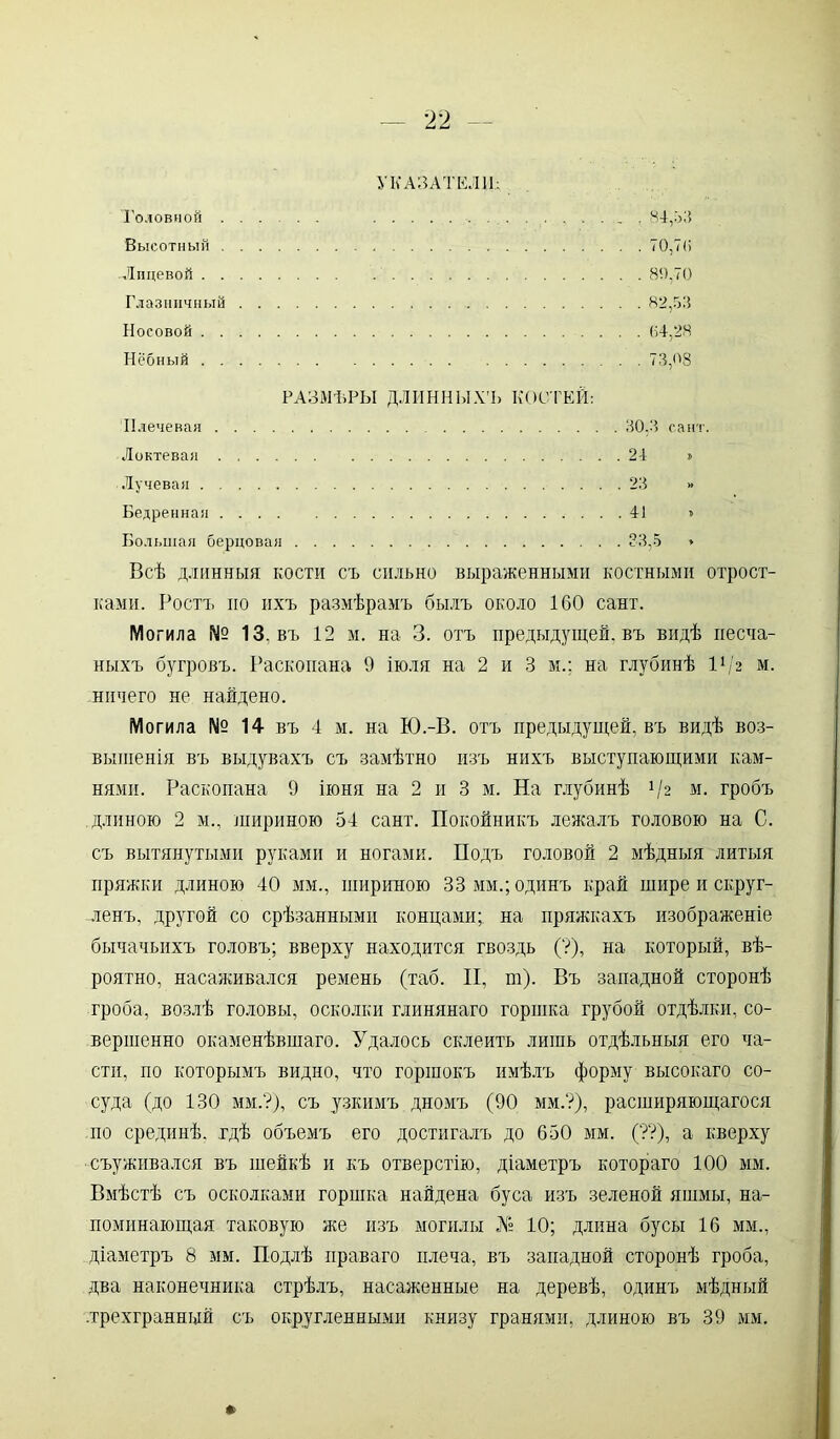 УКАЗАТЕЛИ; Головной , 84,33 Высотный 7 0,7 (> Лицевой 89,70 Глазничный 82,53 Носовой 04,28 Нёбный 73,98 РАЗМѢРЫ ДЛИННЫХЪ КОСТЕЙ: Плечевая 30,3 сайт, Локтевая 24 » Лучевая 23 » Бедренная 41 » Большая берцовая 33,5 » Всѣ длинныя кости съ сильно выраженными костными отрост- ками. Ростъ но ихъ размѣрамъ былъ около 160 сайт. Могила № 13. въ 12 м. на 3. отъ предыдущей, въ видѣ песча- ныхъ бугровъ. Раскопана 9 іюля на 2 и 3 м.: на глубинѣ 11/г м. ничего не найдено. Могила № 14 въ 4 м. на Ю.-В. отъ предыдущей, въ видѣ воз- вышенія въ выдувахъ съ замѣтно изъ нихъ выступающими кам- нями. Раскопана 9 іюня на 2 и 3 м. На глубинѣ 1І2 м. гробъ длиною 2 м., шириною 54 сайт. Покойникъ лежалъ головою на С. съ вытянутыми руками и ногами. Подъ головой 2 мѣдныя литыя пряжки длиною 40 мм., шириною 33 мм.; одинъ край шире и скруг- ленъ, другой со срѣзанными концами; на пряжкахъ изображеніе бычачьихъ головъ; вверху находится гвоздь (?), на который, вѣ- роятно, насаживался ремень (таб. II, т). Въ западной сторонѣ гроба, возлѣ головы, осколки глинянаго горшка грубой отдѣлки, со- вершенно окаменѣвшаго. Удалось склеить лишь отдѣльныя его ча- сти, по которымъ видно, что горшокъ имѣлъ форму высокаго со- суда (до 130 мм.?), съ узкимъ дномъ (90 мм.?), расширяющагося по срединѣ, гдѣ объемъ его достигалъ до 650 мм. (??), а кверху съуживадся въ шейкѣ и къ отверстію, діаметръ котораго 100 мм. Вмѣстѣ съ осколками горшка найдена буса изъ зеленой яшмы, на- поминающая таковую же изъ могилы № 10; длина бусы 16 мм., діаметръ 8 мм. Подлѣ праваго плеча, въ западной сторонѣ гроба, два наконечника стрѣлъ, насаженные на деревѣ, одинъ мѣдный .трехгранный съ округленными книзу гранями, длиною въ 39 мм. *