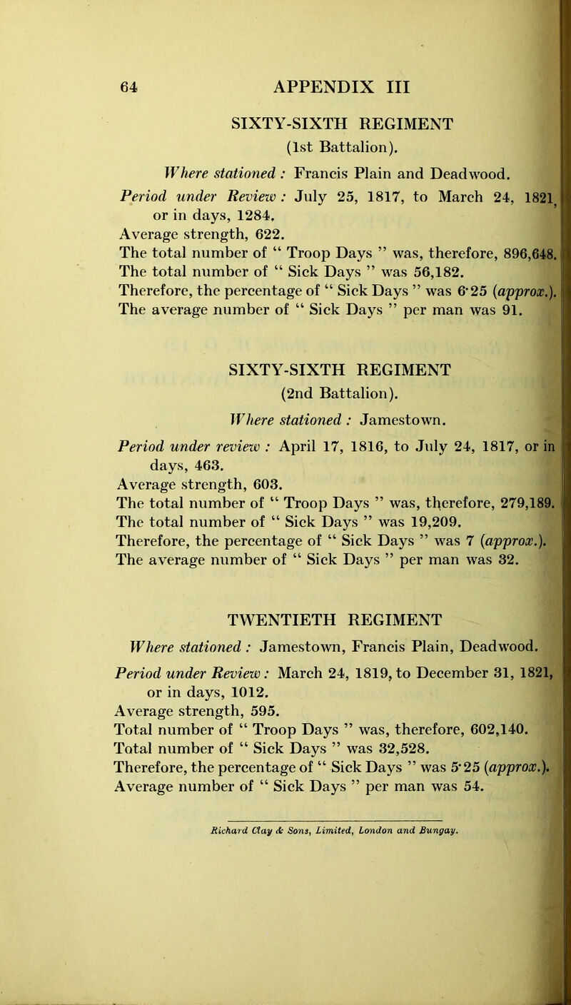 SIXTY-SIXTH REGIMENT (1st Battalion). Where stationed : Francis Plain and Dead wood. Period under Review : July 25, 1817, to March 24, 1821 or in days, 1284. Average strength, 622. The total number of “ Troop Days ” was, therefore, 896,648. The total number of “ Sick Days ” was 56,182. Therefore, the percentage of “ Sick Days ” was 6‘25 (approx.). The average number of “ Sick Days ” per man was 91. SIXTY-SIXTH REGIMENT (2nd Battalion). Where stationed : Jamestown. Period under review : April 17, 1816, to July 24, 1817, or in days, 463. Average strength, 603. The total number of “ Troop Days ” was, therefore, 279,189. The total number of “ Sick Days ” was 19,209. Therefore, the percentage of “ Sick Days ” was 7 (approx.). The average number of “ Sick Days ” per man was 32. TWENTIETH REGIMENT Where stationed : Jamestown, Francis Plain, Deadwood. Period under Review: March 24, 1819, to December 31, 1821, or in days, 1012. Average strength, 595. Total number of “ Troop Days ” was, therefore, 602,140. Total number of “ Sick Days ” was 32,528. Therefore, the percentage of “ Sick Days ” was 5'25 (approx.). Average number of “ Sick Days ” per man was 54. Richard Clay Sons, Limited, London and Bungay.