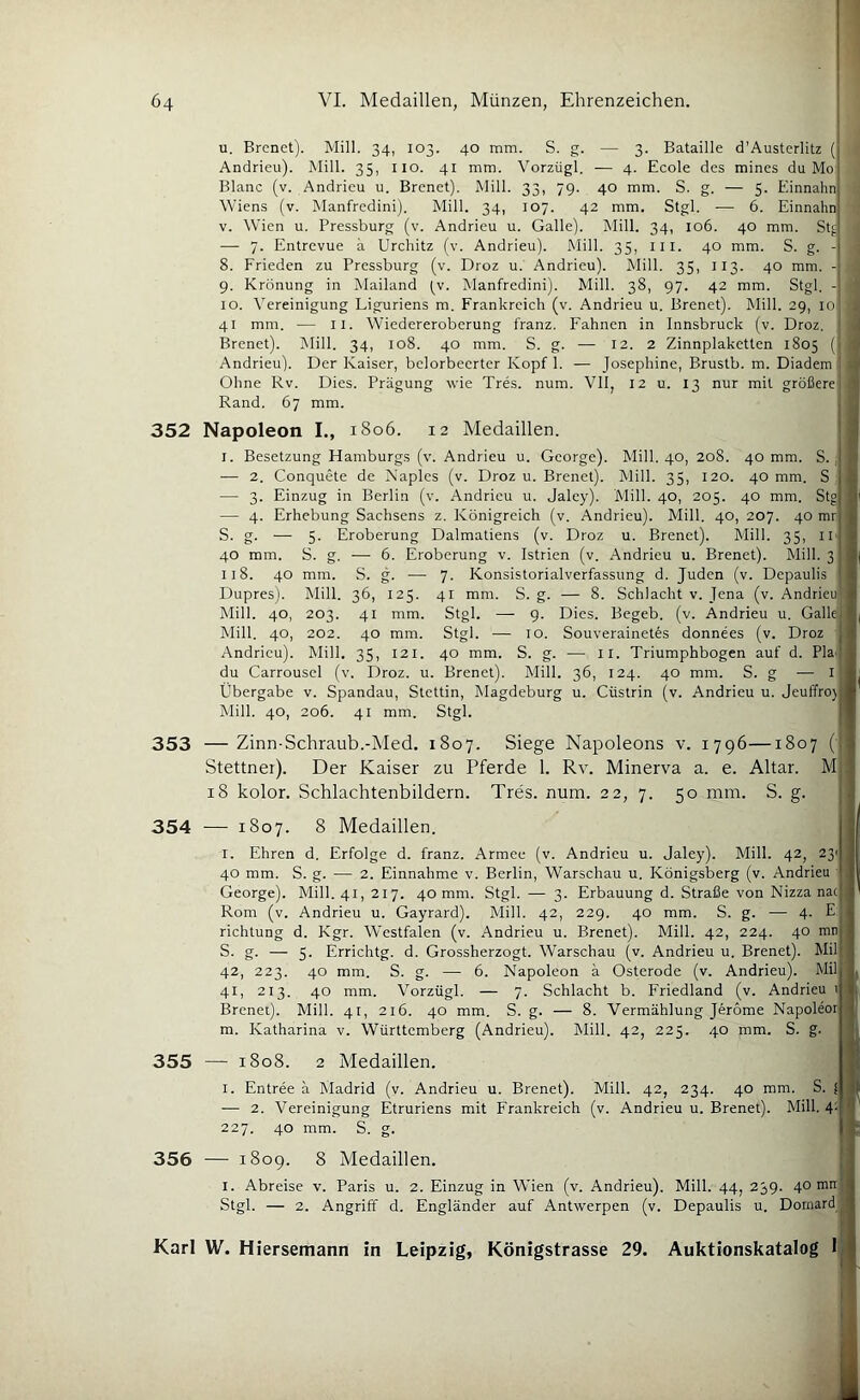 u, Brcnet). Mill. 34, 103. 40 mm. S. g. — 3. Bataille d'Austcrlitz ( ^ Andrieu). Mill. 35, iio. 41 mm. Vorzügl. — 4. Ecole des mines du Mol ' Blanc (v. Andrieu u. Brenet). Mill. 33, 7g. 40 mm. S. g, — 5. Einnahn Wiens (v. Manfredini). Mill. 34, 107. 42 mm. Stgl. ■— 6. Einnahn V. Wien u. Pressburg (v. Andrieu u. Galle). Mill. 34, 106. 40 mm. Stf — 7. Entrevue ä Urchitz (v. Andrieu). Mill. 35, iii. 40 mm. S. g. -1 8. Frieden zu Pressburg (v. Droz u. Andrieu). Mill. 35, 113. 40 mm. -| 9. Krönung in Mailand (v. Manfredini). Mill. 38, 97. 42 mm. Stgl. 10. Vereinigung Liguriens m. Frankreich (v. Andrieu u. Brenet). Mill. 29, io| 41 mm. — II. Wiedereroberung franz. Fahnen in Innsbruck (v. Droz. !d Brenet). Mill. 34, 108. 40 mm. S. g. — 12. 2 Zinnplakctten 1805 | Andrieu). Der Kaiser, belorbeerter Kopf 1. — Josephine, Brustb. m. Diadem | Ohne Rv. Dies. Prägung wie Tres. num. Vll, 12 u. 13 nur mit größere!'• Rand. 67 mm. i J 352 Napoleon I., 1806. 12 Medaillen. fl I. Besetzung Hamburgs (v. Andrieu u. George). Mill. 40, 208. 40 mm. S. , I — 2. Conquete de Kaples (v. Droz u. Brenet). Mill. 35, 120. 40 mm. S — 3. Einzug in Berlin (v. Andrieu u. Jaley). Mill. 40, 205. 40 mm. Stg — 4. Erhebung Sachsens z. Königreich (v. Andrieu). Mill. 40, 207. 40 mr S. g. — 5. Eroberung Dalmatiens (v. Droz u. Brenet). Mill. 35, in 40 mm. S. g. — 6. Eroberung v. Istrien (v. Andrieu u. Brenet). Mill. 3 II8. 40 mm. S. g. — 7. Konsistorialverfassung d. Juden (v. Depaulis Dupres). Mill. 36, 125. 41 mm. S. g. — 8. Schlacht v. Jena (v. Andrieu' Mill. 40, 203. 41 mm. Stgl. — 9. Dies. Begeb. (v. Andrieu u. Gallei Mill. 40, 202. 40 mm. Stgl. — 10. Souverainetes donnees (v. Droz Andrieu). Mill. 35, 121. 40 mm. S. g. — II. Triumphbogen auf d. PlaJ du Carrousel (v. Droz. u. Brenet). Mill. 36, 124. 40 mm. S. g — i; Übergabe v. Spandau, Stettin, Magdeburg u. Cüstrin (v. Andrieu u. Jeuffro)! Mill. 40, 206. 41 mm. Stgl. | 353 —Zinn-Schraub.-Med. 1807. Siege Napoleons v. 1796—1807 (j Stettner). Der Kaiser zu Pferde 1. Rv. Minerva a. e. Altar. M 18 kolor. Schlachtenbildern. Tres. num. 22, 7. 50 mm. S. g. 354 — 1807. 8 Medaillen. l. Ehren d. Erfolge d. franz. Armee (v. Andrieu u. Jaley). Mill. 42, 23' 40 mm. S. g. — 2. Einnahme v. Berlin, Warschau u. Königsberg (v. Andrieu George). Mill. 41, 217. 40 mm. Stgl. — 3. Erbauung d. Straße von Nizza nac Rom (v. Andrieu u. Gayrard). Mill. 42, 22g. 40 mm. S. g. — 4- E richtung d. Kgr. Westfalen (v. Andrieu u. Brenet). Mill. 42, 224. 40 mr S. g. — 5. Errichtg. d. Grossherzogt. Warschau (v. Andrieu u. Brenet). Mil 42, 223. 40 mm. S. g. —■ 6. Napoleon ä Osterode (v. Andrieu). Mil 41, 213. 40 mm. Vorzügl. — 7. Schlacht b. Friedland (v. Andrieu 1 Brenet). Mill. 41, 216. 40 mm. S. g. — 8. Vermählung Jerome Napoleor m. Katharina v. Württemberg (Andrieu). Mill. 42, 225. 40 mm. S. g. I. Entree ä Madrid (v. Andrieu u. Brenet). Mill. 42, 234. 40 mm. S. 1 — 2. Vereinigung Etruriens mit Frankreich (v. Andrieu u. Brenet). Mill. 4- 227. 40 mm. S. g. 356 — 1809. 8 Medaillen. 5 I. Abreise v. Paris u. 2. Einzug in Wien (v. Andrieu). Mill. 44, 239. 40mn| Stgl. — 2. Angriff d. Engländer auf Antwerpen (v. Depaulis u. Dornard , 355 — 1808. 2 Medaillen.