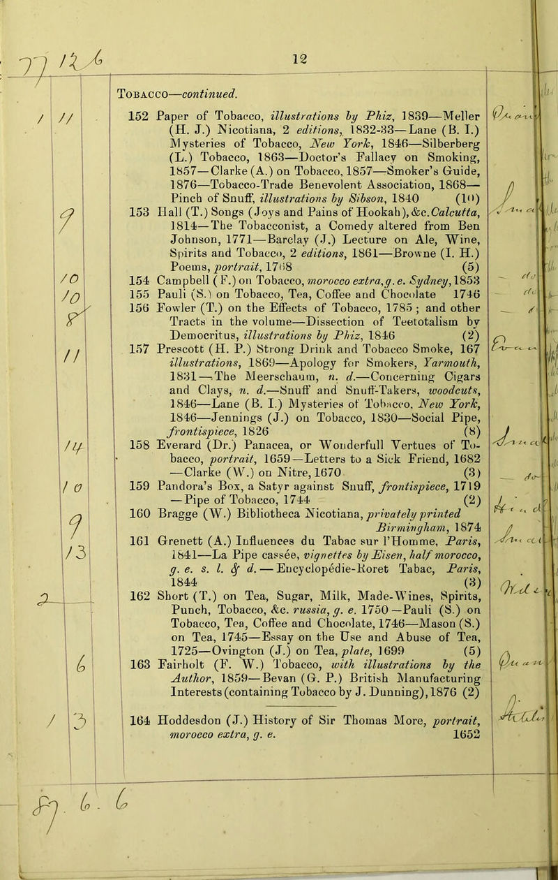 // 7 /o 70 r 11 /Lf 1/ O 1 1/3 (o / 13 ' Tobacco—con tinned. 152 Paper of Tobacco, illustrations l>y Phiz, 1839—Meller (H. J.) Nicotiana, 2 editions,^ 1832-33—Lane (B. I.) Mysteries of Tobacco, New York, 1846—Silberberg (L.) Tobacco, 1863—Doctor’s Fallacy on Smoking, 1857—Clarke (A.) on Tobacco, 1857—-Smoker’s Guide, 1876—Tobacco-Trade Benevolent Association, 1868— Pinch of Snuff, illustrations by Sihson, 1840 (!<•) 153 Hall (T.) Songs (Joys and Pains of Hookah),&c.CaZcM/^a, 1814—The Tobacconist, a Comedy altered from Ben Johnson, 1771—Barclay (J.) Lecture on Ale, Wine, Spirits and Tobacco, 2 editions, 1861—Browne (I. H.) Poems, portrait, 1768 (5) 154 Campbell ( F.) on Tobacco, morocco extra,g. e. Sydney, 1853 155 Pauli (S-l on Tobacco, Tea, Coffee and Chocolate 1746 156 Fowler (T.) on the Effects of Tobacco, 1785 ; and other Tracts in the volume—Dissection of Teetotalism by Democritus, illustrations by Phiz, 1846 (2) 157 Prescott (H. P.) Strong Drink and Tobacco Smoke, 167 illustrations, 1869—Apology for Smokers, Yarmouth, 1831—^^The Meerschaum, n. d.—Concerning Cigars and Clays, n. d.—Snuff and Snufl-Takers, woodcuts, 1846—Lane (B. I.) Mysteries of Tobacco, New York, 1846—Jennings (J.) on Tobacco, 1830—Social Pipe, frontispiece, 1826 (8) 158 Everard (Dr.) Panacea, or Wonderfull Vertues of To- bacco, portrait, 1659—Letters to a Sick Friend, 1682 —Clarke (W.) on Nitre, 1670 (3) 159 Pandora’s Box, a Satyr against Snuff, frontispiece, 1719 — Pipe of Tobacco, 1744 (2) 160 Bragge (W.) Bibliotheca Nicotiana, privately printed Pirmingham, 1874 161 Grenett (A.) Influences du Tabac sur I’Hoinme, Paris, 1841—La Pipe cassee, vignettes by Eisen, half morocco, g. e. s. 1. ^ d. — Encyclopedie-Koret Tabac, Paris, 1844 (3) 162 Short (T.) on Tea, Sugar, Milk, Made-Wines, Spirits, Punch, Tobacco, <tc. russia, g. e. 1750—Pauli (S.) on Tobacco, Tea, Coffee and Chocolate, 1746—Mason (S.) on Tea, 1745—Essay on the Use and Abuse of Tea, 1725—Ovington (J.) on Yea, plate, 1699 (5) Fairholt (!'. W.) Tobacco, with illustrations by the Author, 1859—Bevan (G. P.) British Manufacturing Interests (containing Tobacco by J. Dunning), 1876 (2) 163 77^ in -- / [lit fl (f ifn* t cc i ll 0r.^cf ^ V 164 Hoddesdon (J.) History of Sir Thomas More, portrait, morocco extra, g. e. 1652 A rA< ex 4/-
