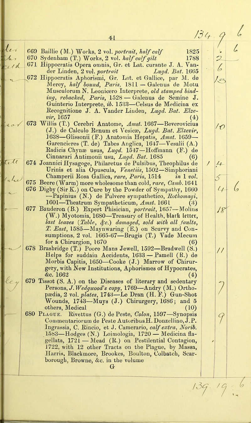 u. U- ■'L (y~ d Tcr( f)69 Baillie (M.) Works, 2 \ (A. portrait, half calf 1825 670 Sydenham (T.) Works, 2 vol. half calf gilt 1788 671 Hippocratis Opera omnia. Or. et Lat. curante J. A. Van- der Linden, 2 vol. portrait Lugd. Bat. 1665 ^72 Hippocratis Aphorismi, Gr. Lat. et Gallice, par M. de Mercy, half hound, Paris, 1811 — Galenus de Motu Musculorum N. Leonicero Interprete, old stamped bind- ing, rehacked, Paris, 1528 — Galenus de Semine J. Guinterio Interprete, ih. 1583—Celsus de Medicina ex Eecognitione J. A. Yander Linden, Lugd. Bat. Elze- vir, 1657 (4) 673 Willis (T.) Cerebri Anatome, Amst. 1667—Beverovicius (J.) de Calculo Eenum et Vesicse, Lugd. Bat. Elzevir, 1638—Glissonii (F.) Anatomia Hepatis, Amst. 1659— Garencieres (T. de) Tabes Anglica, 1647—Vesalii (A.) Eadicis Chynse usus, Lugd. 1547—Hoffmann (F.) de Cinnarari Antimonii usu, Lugd. Bat. 1685 (6) 674 Joannici Hysagoge, Philaretus de Pulsibus, Tbeophilus de Urinis et alia Opuscula, Venetiis, 1502—Simphoriani Champerii Eosa Gallica, rare, Paris, 1514 in 1 vol. 675 Beere (Warm) more wholesome than cold, rare, Camh.VoAl. 676 Digby (Sir K.) on Cure by the Powder of Sympathy, 1660 —Papinius (N.) de Pulvere sympathetico, Itothomagi, 1601—Theatrum Sympatheticum, Amst. 1661 (3) 677 Bauderon (B.) Expert Phisician, portrait, 1657—Molins (W.) Myotomia, 1680—Treasury of Health, black letter, last leaves {Tahle, ^c.) damaged, sold with all faults, T. East, 1585—Maynwaring (E.) on Scurvy and Con- sumptions, 2 vol. 1665-67—Brugis (T.) Vade Mecum for a Chirurgion, 1670 (6) 678 Brasbridge (T.) Poore Mans Jewell, 1592—Bradwell (S.) Helps for suddain Accidents, 1633 — Parnell (R.) de Morbis Capitis, 1650—Cooke (J.) Marrow of Chirur- gery, with Hew Institutions, Aphorismes of Hypocrates, &c. 1662 (4) 679 Tissot (S. A.) on the Diseases of literary and sedentary Persons,, J. Wedgwood's copy, 1769—Andry (M.) Ortho- paedia, 2 vol. plates, 1743—Le Dran (H. F.) Gun-Shot Wounds, 1743—Muys (J.) Chirurgery, 1686; and 5 others, Medical (10) 680 Plague. Eivettus (G.) de Peste, Colon, 1597—Synopsis Commeutariorum de Peste AutoribnsH.Donzellino,J.P. Ingrassia, C. Eincio, et J. Camerario, calf extra, Norih. 15s3—Hodges (N.) Loimologia, 1720 — Medicina fla- gellata, 1721 — Mead (E.) on Pestilential Contagion, 1722, with 12 other Tracts on the Plague, by Massa, Harris, Blackmore, Brookes, Boulton, Colbatch, Scar- borough, Browne, &c. in the volume G Id /O L // 7 7 f 7