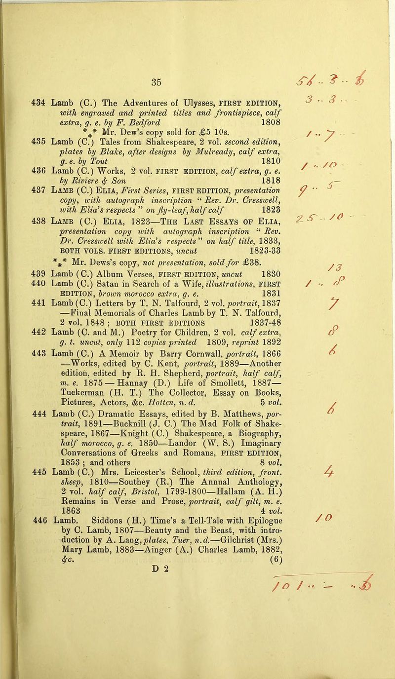434 435 436 437 438 439 440 441 442 443 444 445 446 35 Lamb (C.) The Adventures of Ulysses, FIRST EDITION, with engraved and printed titles and frontispiece, calf extra, g. e. by F. Bedford 1808 Mr. Dew’s copy sold for £5 10s. Lamb (C.) Tales from Shakespeare, 2 vol. second edition, plates by Blake, after designs by Mulready, calf extra, g.e.by Tout 1810 Lamb (C.) Works, 2 vol. first EDITION, calf extra, g. e. by Riviere ^ Son 1818 Lamb (C.) Elia, First Series, first edition, presentation copy, with autograph inscription “ Rev. Dr. Cresswell, with Elia's respects ” on fly-leaf , half calf 1823 Lamb (C.) Elia, 1823—The Last Essays of Elia, presentation copy with autograph inscription “ Rev. Dr. Cresswell with Elia's respects on half title, 1833, BOTH VOLS. FIRST EDITIONS, uncut 1823-33 Mr. Dews’s copy, not presentation, sold for £38. Lamb (C.) Album Verses, first edition, uncut 1830 Lamb (C.) Satan in Search of a Wife, illustrations, FIRST EDITION, brown morocco extra, g. e. 1831 Lamb(C.) Letters by T. N. Talfourd, 2 \o\. portrait, —Final Memorials of Charles Lamb by T, N. Talfourd, 2 vol. 1848 ; BOTH first editions 1837-48 Lamb (C. and M.) Poetry for Children, 2 vol. calf extra. g. t. uncut, only 112 copies printed 1809, reprint 1892 Lamb (C.) A Memoir by Barry Cornvr&W, portrait, 1866 —Works, edited by C. Kent, portrait, 1889—Another edition, edited by R. H. Shepherd, portrait, half calf, m. e. 1875 — Hannay (D.) Life of Smollett, 1887— Tuckerman (H. T.) The Collector, Essay on Books, Pictures, Actors, &c. Hotten, n. d. 5 vol. Lamb (C.) Dramatic Essays, edited by B. Matthews, por- trait, 1891—Bucknill (J. C.) The Mad Folk of Shake- speare, 1867—Knight (C.) Shakespeare, a Biography, half morocco, g. e. 1850—Landor (W. S.) Imaginary Conversations of Greeks and Romans, FIRST EDITION, 1853 ; and others 8 vol. Lamb (C.) Mrs. Leicester’s School, third edition, front, sheep, 1810—Southey (R.) The Annual Anthology, 2 vol. half calf, Bristol, 1799-1800—Hallam (A. H.) Remains in Verse and Prose, portrait, calf gilt, m. e. 1863 4 vol. Lamb. Siddons (H.) Time’s a Tell-Tale with Epilogue by C. Lamb, 1807—Beauty and the Beast, with intro- duction by A. liSiQg, plates, Tuer, n.d.—Gilchrist (Mrs.) Mary Lamb, 1883—Ainger (A.) Charles Lamb, 1882, ^c. (6) D 2 3.3- /••7 /../O Z /3 / .. ^ 7 / /o Jo /