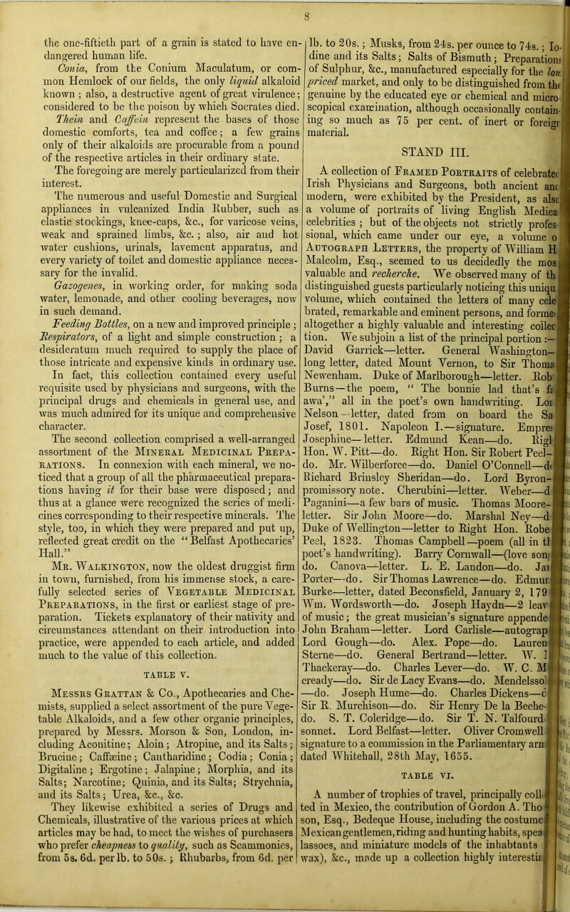 the one-fiftieth part of a grain is stated to have en- dangered human life. Conia, from the Conium Maculatum, or com- mon Hemlock of our fields, the only liquid alkaloid known ; also, a destructive agent of great virulence; considered to be the poison by which Socrates died. Them and Caffein represent the bases of those domestic comforts, tea and coffee; a few grains only of their alkaloids are procurable from a pound of the respective articles in their ordinary state. The foregoing are merely particularized from their interest. 'fhe numerous and useful Domestic and Surgical appliances in vulcanized India Kubber, such elastic stockings, knee-caps, &c., for varicose veins, weak and sprained limbs, &c.; also, air and hot water cushions, urinals, lavement apparatus, and every variety of toilet and domestic appliance neces sary for the invalid. Gazogenes, in working order, for making soda water, lemonade, and other cooling beverages, now in such demand. Feeding Bottles, on a new and improved principle; Eespiratoj's, of a light and simple construction; a desideratum much required to supply the place of those intricate and expensive kinds in ordinary use. In fact, this collection contained every useful requisite used by physicians and surgeons, with the principal drugs and chemicals in general use, and was much admired for its unique and comprehensive character. The second collection comprised a well-arranged assortment of the Mineral Medicinal Prepa- rations. In connexion with each mineral, we no- ticed that a group of all the pharmaceutical prepara- tions having it for their base were disposed; and thus at a glance were recognized the series of medi- cines corresponding to their respective minerals. The style, too, in which they were prepared and put up, reflected great credit on the “ Belfast Apothecaries’ Hall.” Mr. Walkington, now the oldest druggist finn in town, furnished, from his immense stock, a care- fully selected series of Vegetable Medicinal Preparations, in the first or earliest stage of pre- paration. Tickets explanatory of them nativity and circumstances attendant on their introduction into practice, were appended to each article, and added much to the value of this collection. lb. to 20s.; Musks, from 24s. per ounce to 74s.; Io-| dine and its Salts; Salts of Bismuth; Preparation.^ of Sulphur, &c., manufactured especially for the lo% priced market, and only to be distinguished from thf genuine by the educated eye or chemical and micro scopical examination, although occasionally contain' ing so much as 75 per cent, of inert or foreigi material. STAND III, A collection of Framed Portraits of celebratecj Irish Physicians and Surgeons, both ancient anc modern, were exhibited by the President, as als(I a volume of portraits of living English Medica celebrities; but of the objects not strictly profes sional, which came under our eye, a volume o Autograph Letters, the property of William H Malcolm, Esq., seemed to us decidedly the mosj valuable and recherche. We observed many of thj distinguished guests particularly noticing this uniqu 1 volmne, which contained the letters of many cele'J brated, remarkable and eminent persons, and fonneil altogether a highly valuable and interesting coilecj tion. We subjoin a list of the principal portion :- David Garrick—letter. General Washington—] long letter, dated Mount Vernon, to Sir Thoma I Newenham. Duke of Marlborough—letter. Eob'4 TABLE V. Messrs Grattan & Co., Apothecaries and Che- mists, supplied a select assortment of the pure Vege- table Alkaloids, and a few other organic principles, prepared by Messrs. Morson & Son, London, in- cluding Aconitine; Aloin; Atropine, and its Salts; Bmcine; Calfaeine; Caiitharidine; Codia; Conia; Digitaline; Ergotine; Jalapine; Morphia, and its Salts; Narcotine; Quinia, and its Salts; Strychnia, and its Salts; Urea, &c., &c. They likewise exhibited a series of Drugs and Chemicals, illustrative of the various prices at which articles may be had, to meet the wishes of purchasers who prefer cheapness to quality, such as Scammonies, from 6s. 6d. per lb. to 50s.; Rlmbarbs, from 6d. per Burns—the poem, “ The bounie lad that’s ft awa’,” all in the poet’s own handwriting. Loi Nelson—letter, dated from on board the Sa Josef, 1801. Napoleon I.—signature. Empres Josephine—letter. Edmund Kean—do. Kigl Hon. W. Pitt—do. Eight Hon. Sir Eobert Peel- do. Mr. Wilberforce—do, Daniel O’ConneU—di Richard Brinsley Sheridan—do. Lord Byi-on- promissoiy note. Cherubini—letter. Weber—d Paganini—a few bars of music. Thomas Moore- letter. Sir John Moore—do. Marshal Ney—d Duke of Wellington—letter to Eight Hon. Eobe Peel, 1823. Thomas Campbell—poem (aU in tl poet’s handwriting). Barry Cornwall—(love son; do. Canova—letter. L. E. Landon—do. Jai Porter—do. Sir Thomas Lawrence—do. Edmur Burke—letter, dated Beconsfield, January 2, 179 Wm. Wordsworth—do. Joseph Haydn—2 leav of music; the great musician’s signature appende | John Braham—letter. Lord Carlisle—autograpl Lord Gough—do. Alex. Pope—do. Lauren i Sterne—do. General Bertrand—letter. W. 1| Thackeray—do. Charles Lever—do. W. C. M cready—do. Sh de Lacy Evans—do. Mendelssolj —do. Joseph Hume—do. Charles Dickens—c;' Su’ E. Murchison—do. Sh Henry De la Beche-|' do. S. T. Coleridge—do. Sir T. N. Talfourd-i sonnet. Lord Belfast—letter. Oliver Cromwell signature to a commission in the Parliamentary arn dated Whitehall, 28th May, 1655. table VI. A number of trophies of travel, principally colh ■ ted in Mexico, the contribution of Gordon A. Tho son. Esq., Bedeque House, including the costume Mexican gentlemen, riding and hunting habits, spea lassoes, and miniature models of the inhabtants wax), &c., made up a collection highly interestii