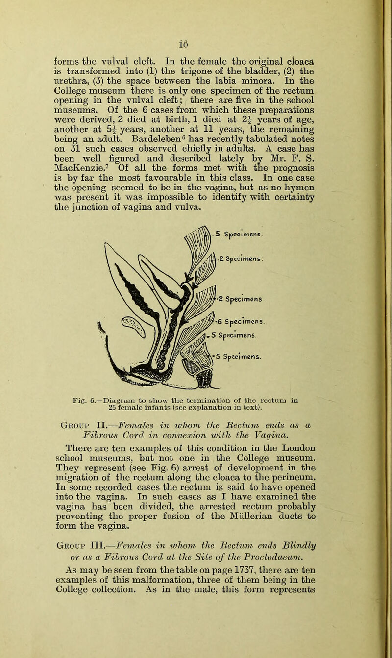 forms the vulval cleft. In the female the original cloaca is transformed into (1) the trigone of the bladder, (2) the urethra, (3) the space between the labia minora. In the College museum there is only one specimen of the rectum opening in the vulval cleft; there are five in the school museums. Of the 6 cases from which these preparations were derived, 2 died at birth, 1 died at 2^ years of age, another at years, another at 11 years, the remaining being an adult. Bardeleben® has recently tabulated notes on 31 such cases observed chiefly in adults. A case has been well figured and described lately by Mr. F. S. MacKenzie.’ Of all the forms met with the prognosis is by far the most favourable in this class. In one case the opening seemed to be in the vagina, but as no hymen was present it was impossible to identify with certainty the junction of vagina and vulva. Fig. 6.—Diagram to show the termination of the rectum in 25 female infants (see explanation in text). Group II.—Females in luliom the Bectum ends as a Fibrous Cord in connexion with the Vagina. There are ten examples of this condition in the London school museums, but not one in the College museum. They represent (see Fig. 6) arrest of development in the migration of the rectum along the cloaca to the perineum. In some recorded cases the rectum is said to have opened into the vagina. In such cases as I have examined the vagina has been divided, the arrested rectum probably preventing the proper fusion of the Miillerian ducts to form the vagina. Group III.—Females in ivhom the Bectum ends Blindly or as a Fibrous Cord at the Site of the Proctodaeum. As may be seen from the table on page 1737, there are ten examples of this malformation, three of them being in the College collection. As in the male, this form represents