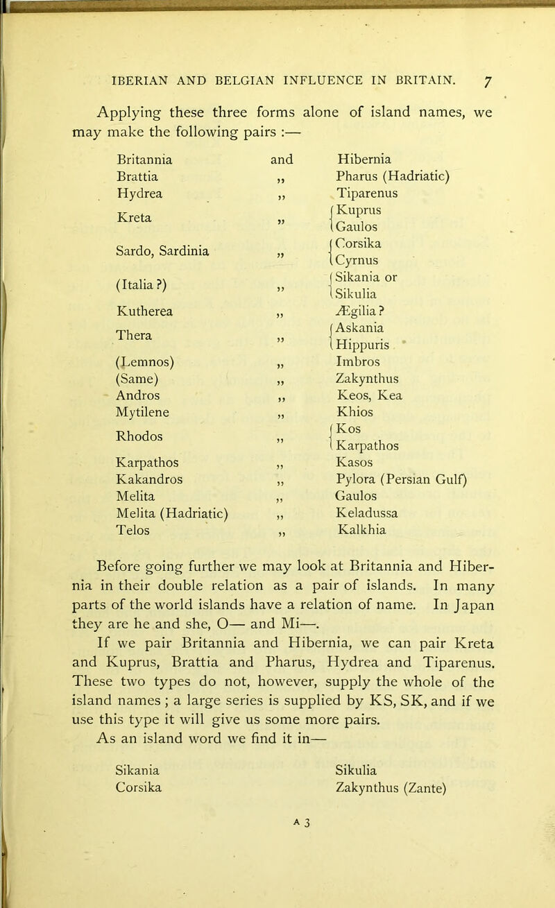 Applying these three forms alone of island names, we may make the following pairs :— Britannia and Hibernia Brattia Pharus (Hadriatic) Hydrea Kreta )) Tiparenus f Kuprus » ■ ” 1 i Gaulos Sardo, Sardinia ' Corsika ” 1 1 Cyrnus (Italia ?) .. 1 ; Sikania or i Sikulia Kutherea Thera ] Algilia ? [ Askania ” 1 i Hippuris (Lemnos) Imbros (Same) Zakynthus Andros >> Keos, Kea Mytilene Rhodos Khios J Kos ” 1 i Karpathos Karpathos )) Kasos Kakandros M Pylora (Persian Gulf) Melita Gaulos Melita (Hadriatic) Keladussa Telos Kalkhia Before going further we may look at Britannia and Hiber- nia in their double relation as a pair of islands. In many parts of the world islands have a relation of name. In Japan they are he and she, O— and Mi—. If we pair Britannia and Hibernia, we can pair Kreta and Kuprus, Brattia and Pharus, Hydrea and Tiparenus. These two types do not, however, supply the whole of the island names ; a large series is supplied by KS, SK, and if we use this type it will give us some more pairs. As an island word we find it in— Sikania Corsika Sikulia Zakynthus (Zante)