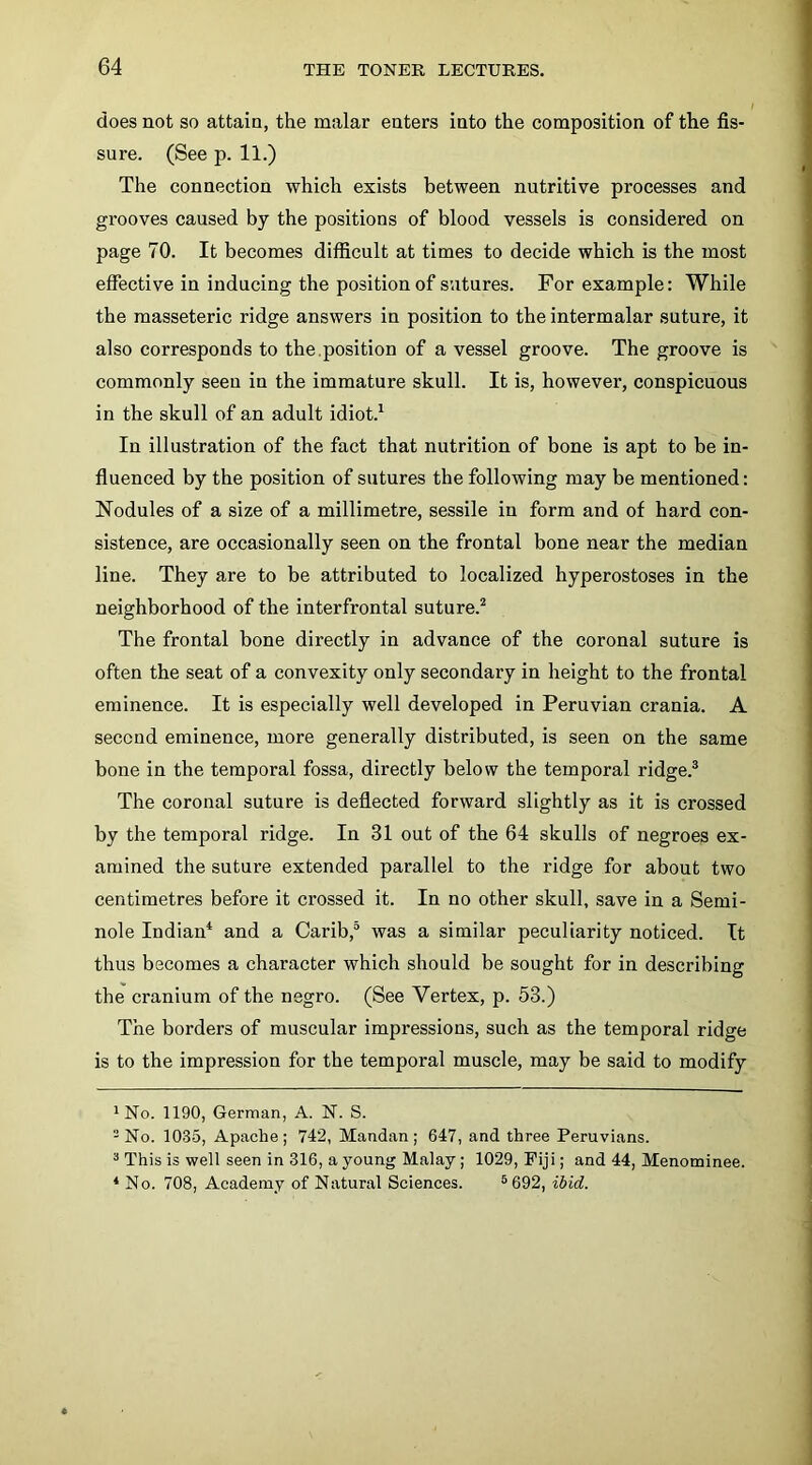 does not so attain, the malar enters into the composition of the fis- sure. (See p. 11.) The connection which exists between nutritive processes and grooves caused by the positions of blood vessels is considered on page 70. It becomes difficult at times to decide which is the most effective in inducing the position of sutures. For example: While the masseteric ridge answers in position to the intermalar suture, it also corresponds to the.position of a vessel groove. The groove is commonly seen in the immature skull. It is, however, conspicuous in the skull of an adult idiot.^ In illustration of the fact that nutrition of bone is apt to be in- fluenced by the position of sutures the following may be mentioned: Nodules of a size of a millimetre, sessile in form and of hard con- sistence, are occasionally seen on the frontal bone near the median line. They are to be attributed to localized hyperostoses in the neighborhood of the interfrontal suture.'^ The frontal bone directly in advance of the coronal suture is often the seat of a convexity only secondary in height to the frontal eminence. It is especially well developed in Peruvian crania. A second eminence, more generally distributed, is seen on the same bone in the temporal fossa, directly below the temporal ridge.® The coronal suture is deflected forward slightly as it is crossed by the temporal ridge. In 31 out of the 64 skulls of negroes ex- amined the suture extended parallel to the ridge for about two centimetres before it crossed it. In no other skull, save in a Semi- nole Indian* and a Carib,® was a similar peculiarity noticed. It thus becomes a character which should be sought for in describing the cranium of the negro. (See Vertex, p. 53.) The borders of muscular impressions, such as the temporal ridge is to the impression for the temporal muscle, may be said to modify 1 No. 1190, German, A. N. S. -No. 1035, Apache; 742, Mandan; 647, and three Peruvians. ^ This is well seen in 316, a young Malay; 1029, Fiji; and 44, Menominee. ‘ No. 708, Academy of Natural Sciences. ®692, ibid.