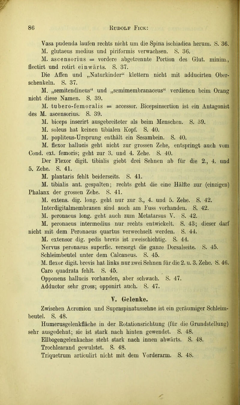 1 Vasa pudenda laufen rechts nicht um die Spina ischiadica herum. S, 36. M. glutaeus medius und piriformis verwachsen. S. 36. M. ascensorius = vordere abgetrennte Portion des Glut, minim., I flectirt und rotirt einwärts. S. 37. Die Affen und „Naturkinder“ klettern nicht mit adducirten Ober- schenkeln. S. 37. M. „semitendineus“ und „semimembranaceus“ verdienen beim Orang j nicht diese Namen. S. 39. M. tubero-femoralis = accessor. Bicepsinsertion ist ein Antagonist des M. ascensorius. S. 39. M. biceps inserirt ausgebreiteter als beim Menschen. S. 39. M. soleus hat keinen tibialen Kopf. S. 40. M. popliteus-Ursprung enthält ein Sesambein. S. 40. M. flexor hallucis geht nicht zur grossen Zehe, entspringt auch vom Cond. ext. femoris; geht zur 3. und 4. Zehe. S. 40. Der Flexor digit. tibialis giebt drei Sehnen ab für die 2., 4. und 5. Zehe. S. 41. M. plantaris fehlt beiderseits. S. 41. M. tibialis ant. gespalten; rechts geht die eine Hälfte zur (einzigen) Phalanx der grossen Zehe. S. 41. M. extens. dig. long. geht nur zur 3., 4. und 5. Zehe. S. 42. Interdigitalmembranen sind auch am Fuss vorhanden. S. 42. M. peronaeus long. geht auch zum Metatarsus V. S. 42. M. peronaeus intermedius nur rechts entwickelt. S. 43; dieser darf nicht mit dem Peronaeus quartus verwechselt werden. S. 44. M. extensor dig. pedis brevis ist zweischichtig. S. 44. Nervus peronaeus superfic. versorgt die ganze Dorsalseite. S. 45. Schleimbeutel unter dem Calcaneus. S. 45. M. flexor digit. brevis hat links nur zwei Sehnen für die 2. u. 3. Zehe. S. 46. Caro quadrata fehlt. S. 45. Opponens hallucis vorhanden, aber schwach. S. 47. Adductor sehr gross; opponirt auch. S. 47. V. Gelenke. Zwischen Acromion und Supraspinatussehne ist ein geräumiger Schleim- beutel. S. 48. Humerusgelenkfläche in der Rotationsrichtung (für die Grundstellung) sehr ausgedehnt; sie ist stark nach hinten gewendet. S. 48. Ellbogengelenkachse steht stark nach innen abwärts. S. 48. Trochlearand gewulstet. S. 48. Triquetrum articulirt nicht mit dem Vorderarm. S. 48.